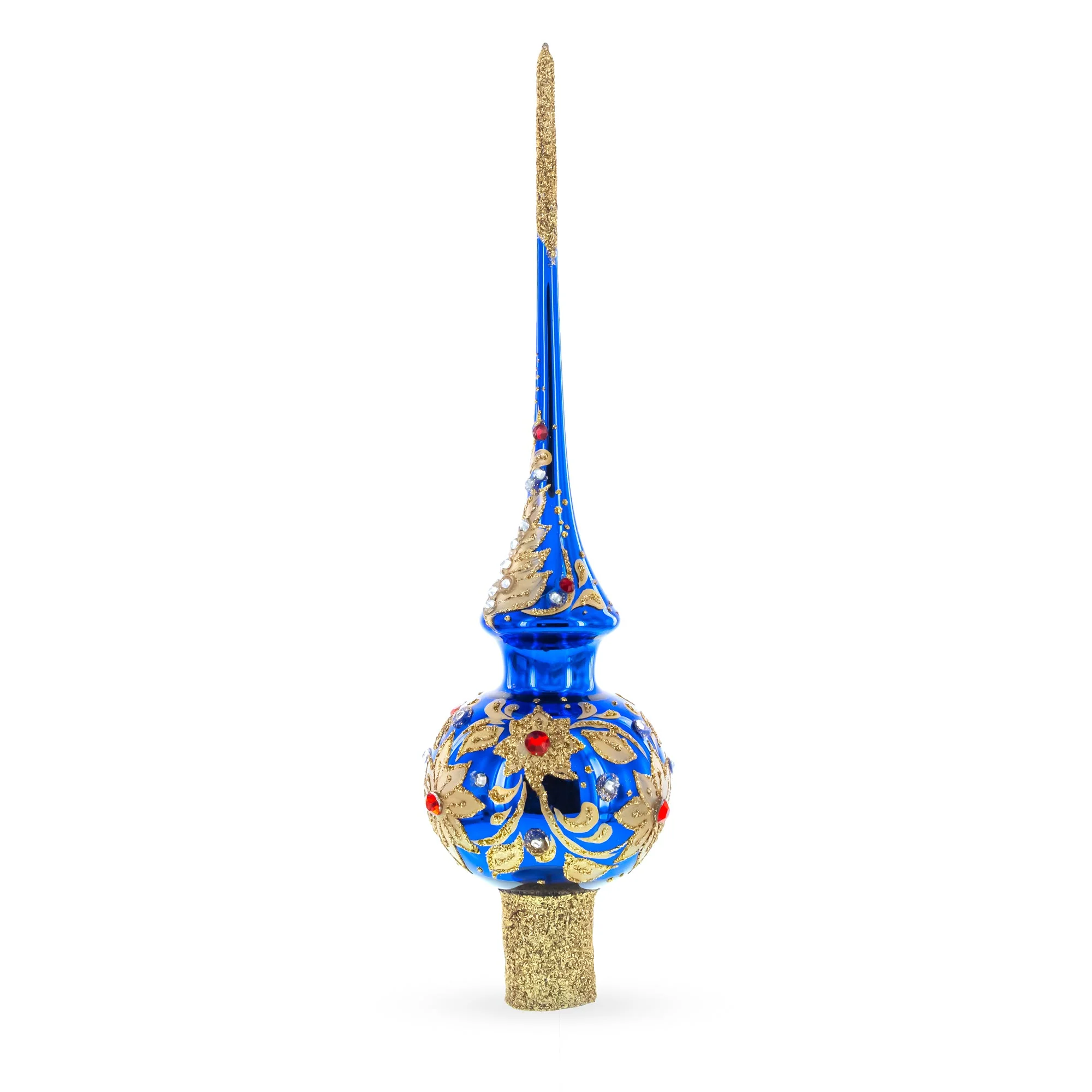 Royal Blue and Gold Floral Majesty Glass Christmas Tree Topper 11 Inches - Image 2