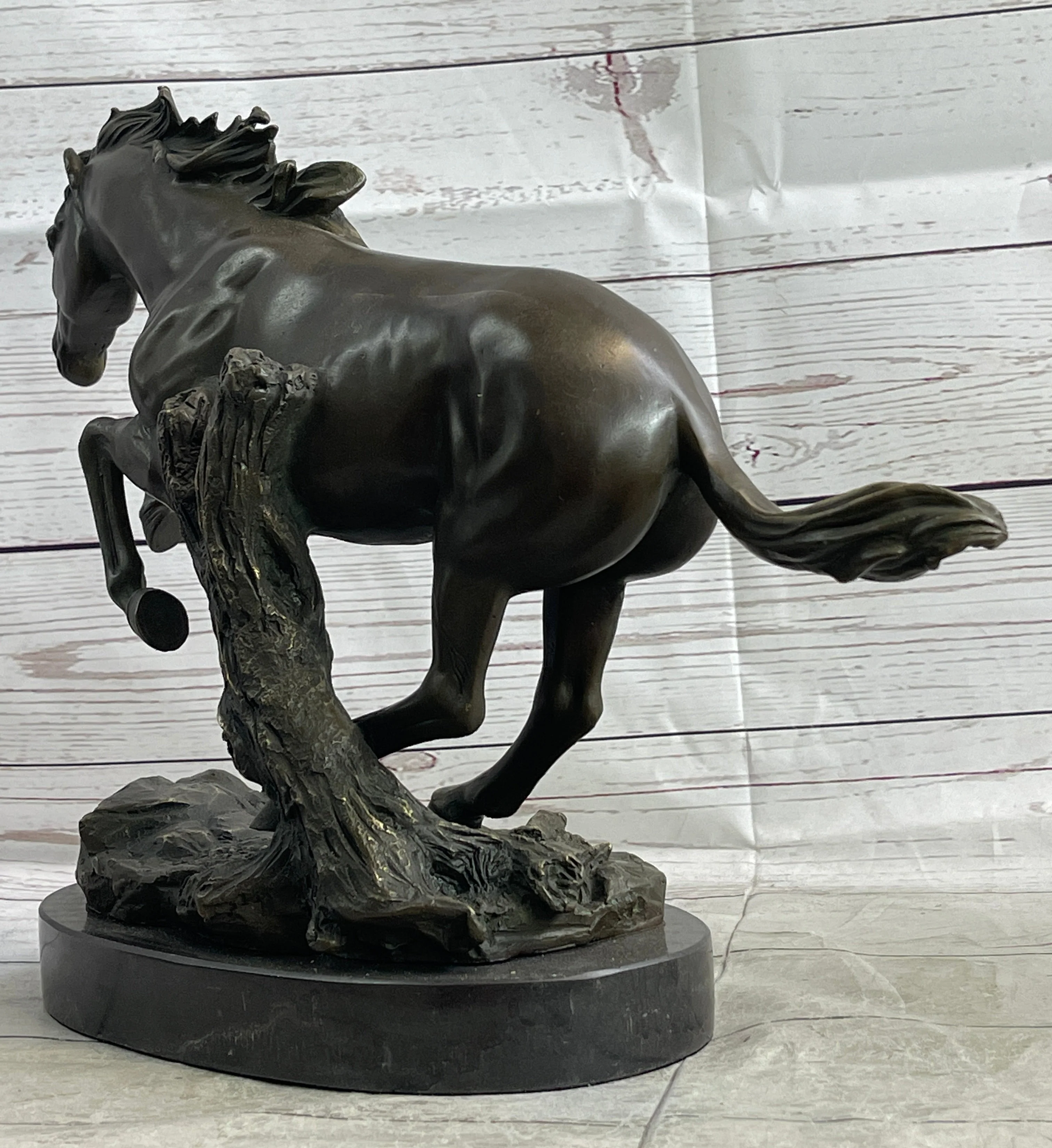 Running Galloping Wild Horse Mustang Bronze Sculpture Statue Figure Decor on Marble Base - Image 6