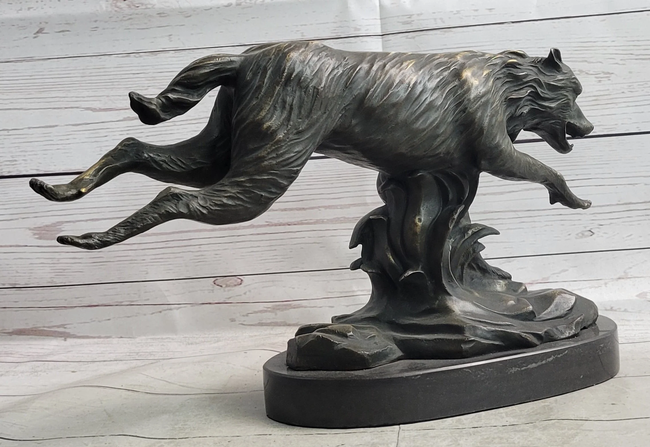 Running Wolf Dog Wildlife Art Decor Bronze Metal Statue Sculpture Original Art - Image 4