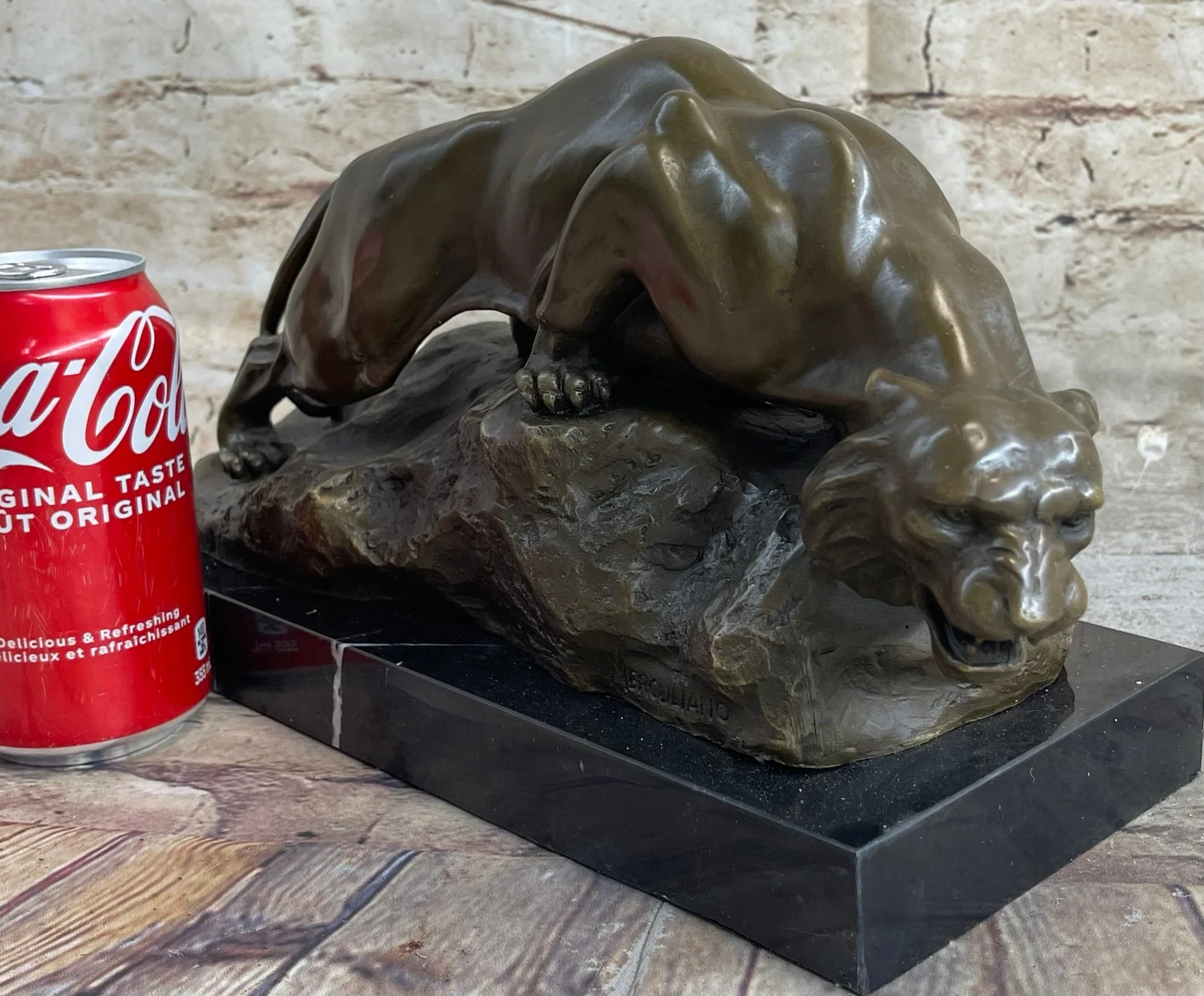 Sabre Tooth Tiger Lion Panther Bronze Sculpture Statue on Marble Base - Image 2