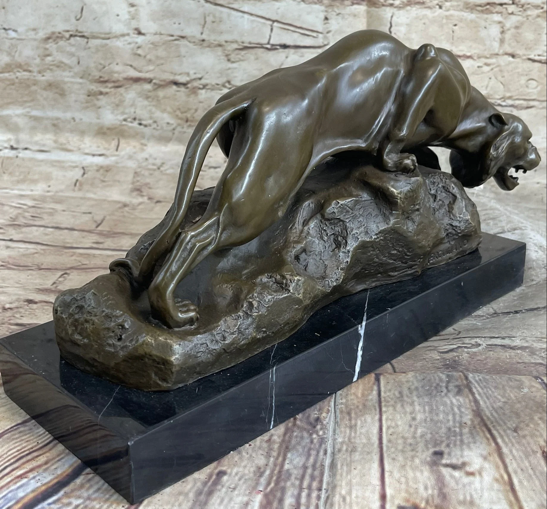 Sabre Tooth Tiger Lion Panther Bronze Sculpture Statue on Marble Base - Image 5