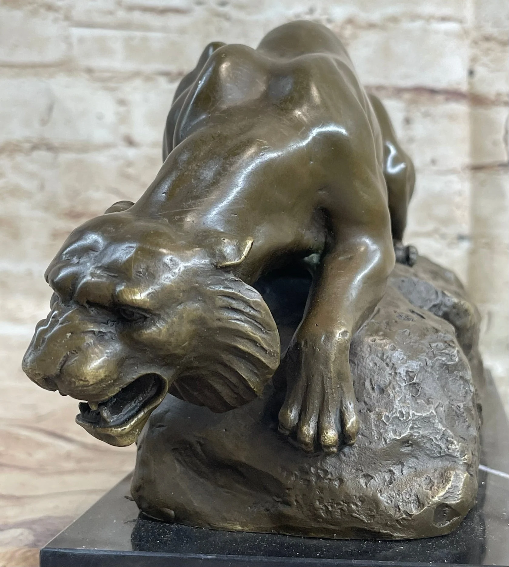 Sabre Tooth Tiger Lion Panther Bronze Sculpture Statue on Marble Base - Image 7