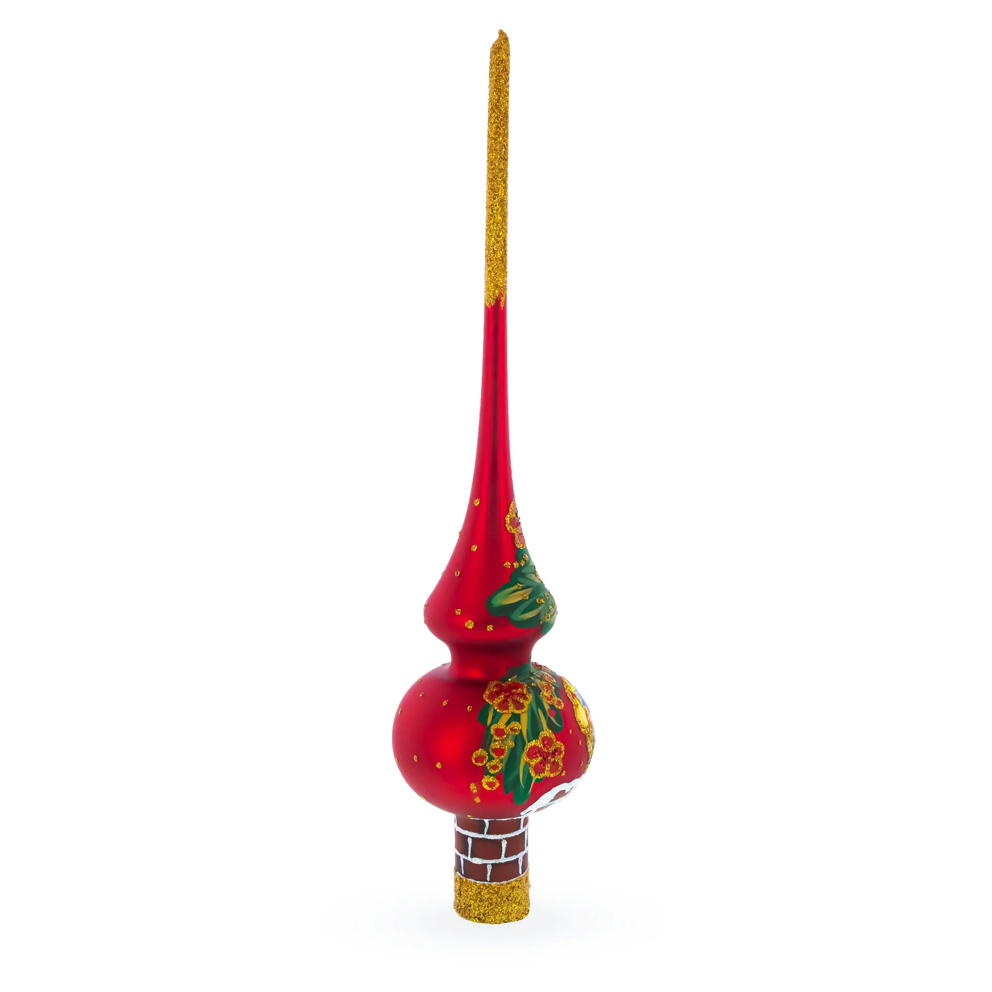 Santa Climbing Down Chimney on Red Glass Christmas Tree Topper 11 Inches - Image 4