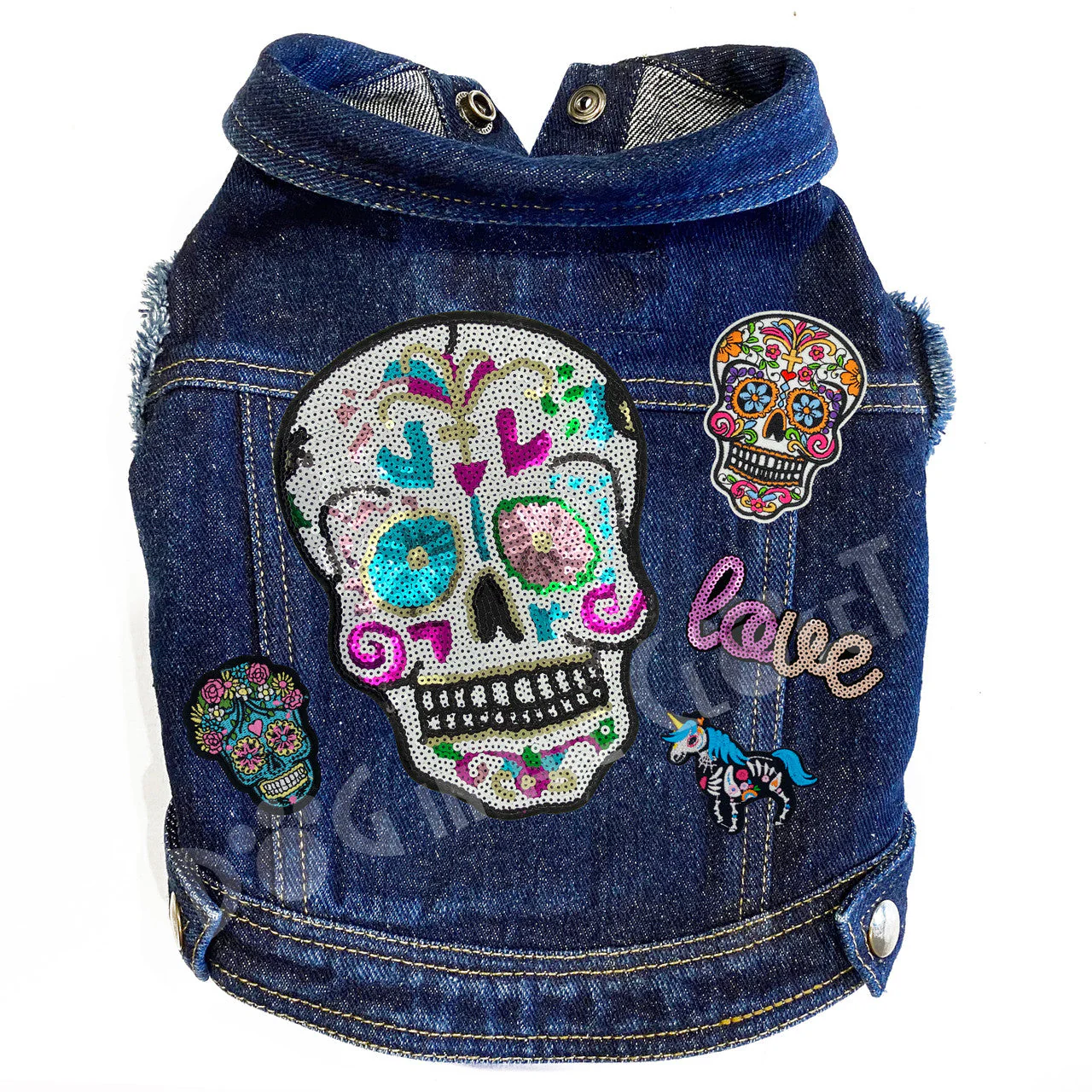 Sequin Day of the Dead Denim Dog Jacket - Image 5