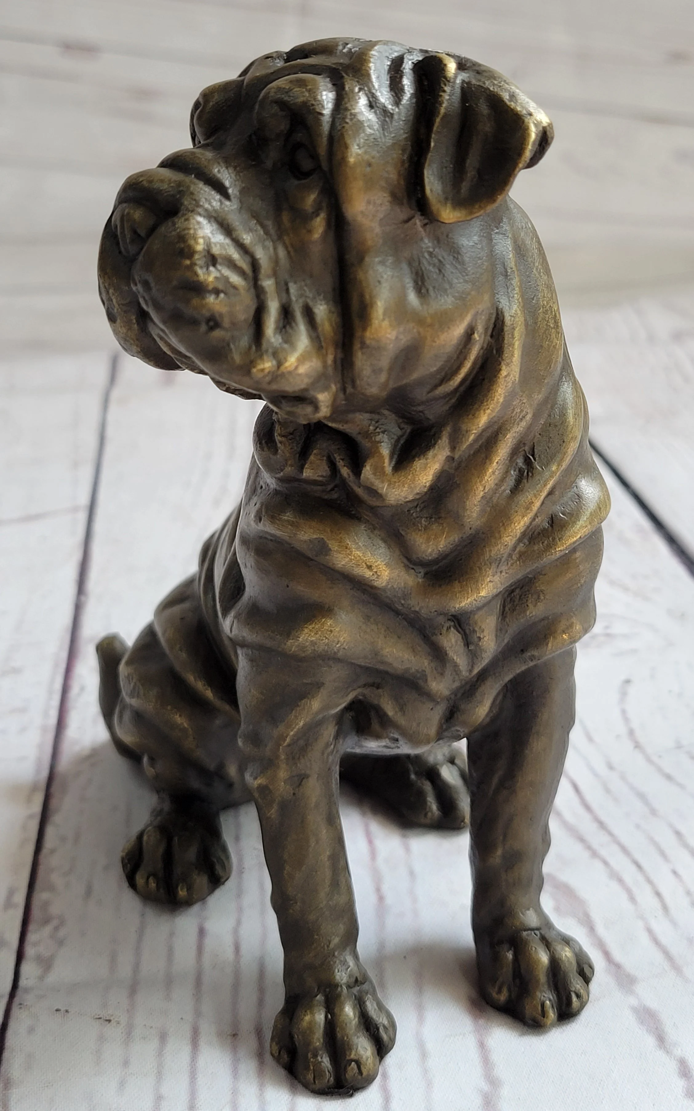 Shar Pei Wrinkly Puppy Dog Bronze Metal Figure Figurine Sculpture Signed Art 6.5" x 6" - Image 3