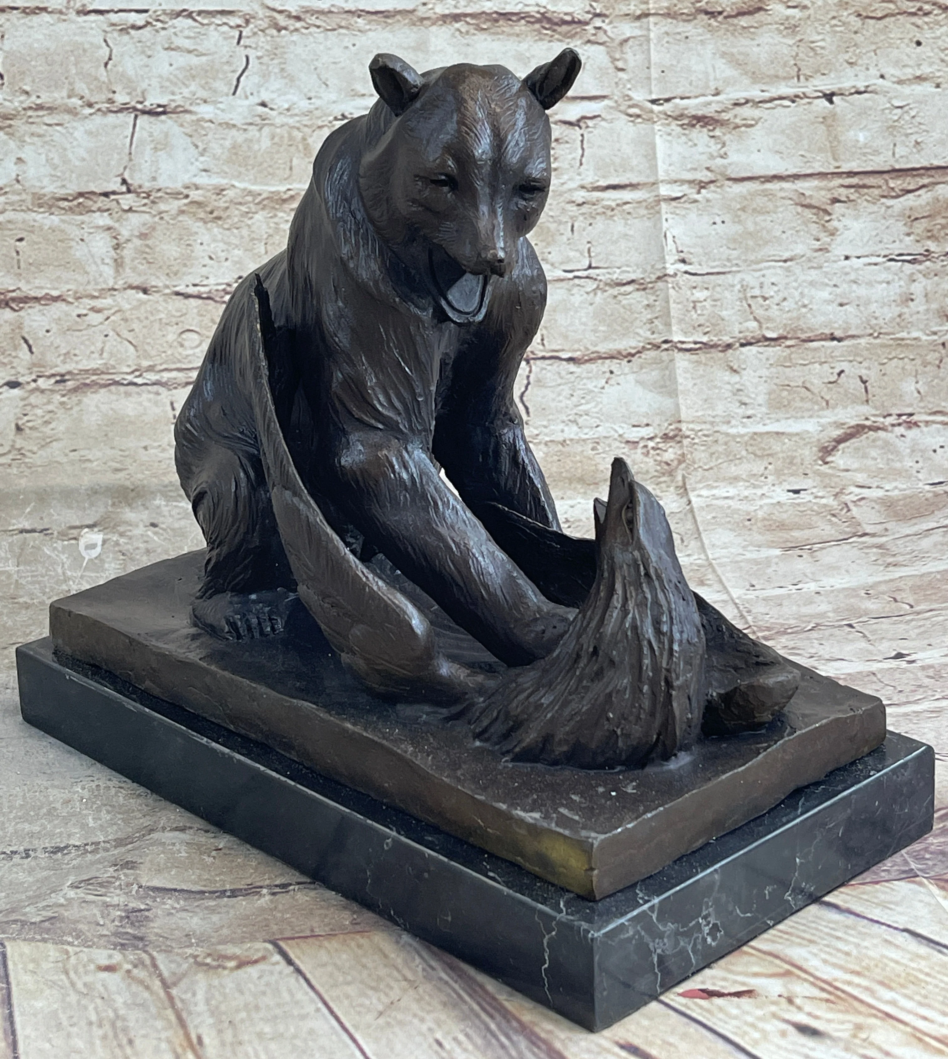 Signed Barye Bear Attacking Eagle Bronze Sculpture Marble Base Figurine Statue