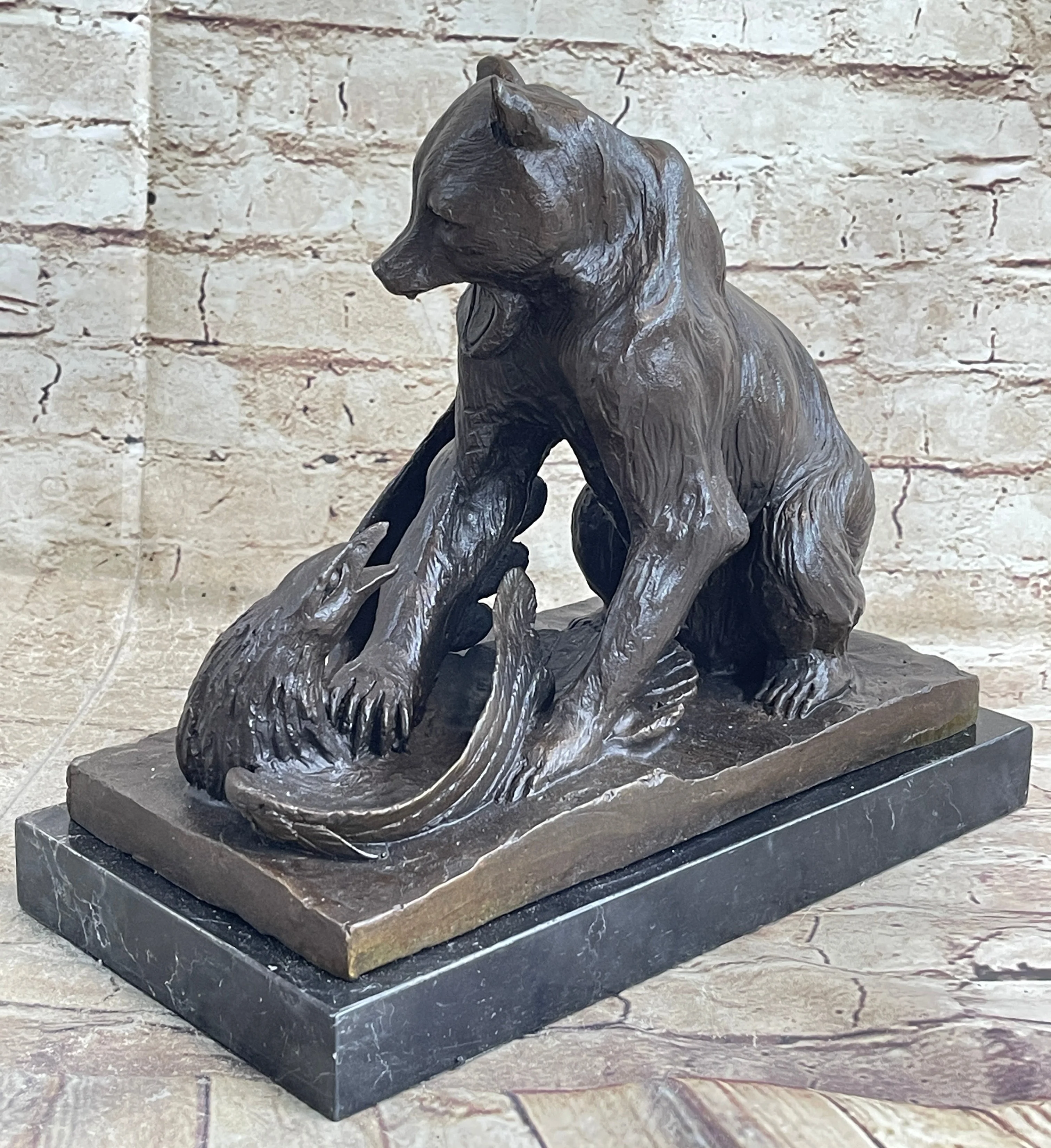 Signed Barye Bear Attacking Eagle Bronze Sculpture Marble Base Figurine Statue - Image 3