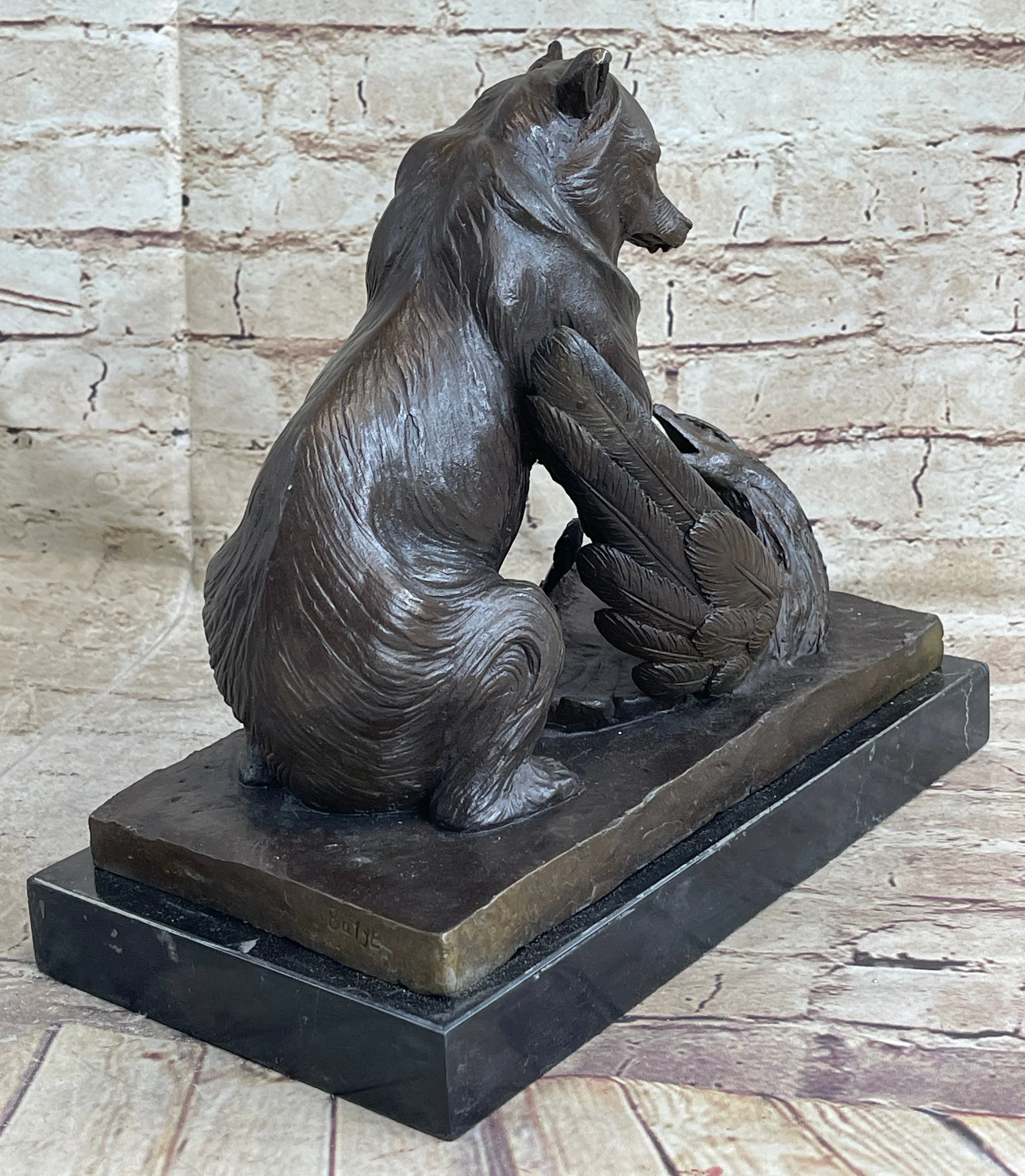 Signed Barye Bear Attacking Eagle Bronze Sculpture Marble Base Figurine Statue - Image 4