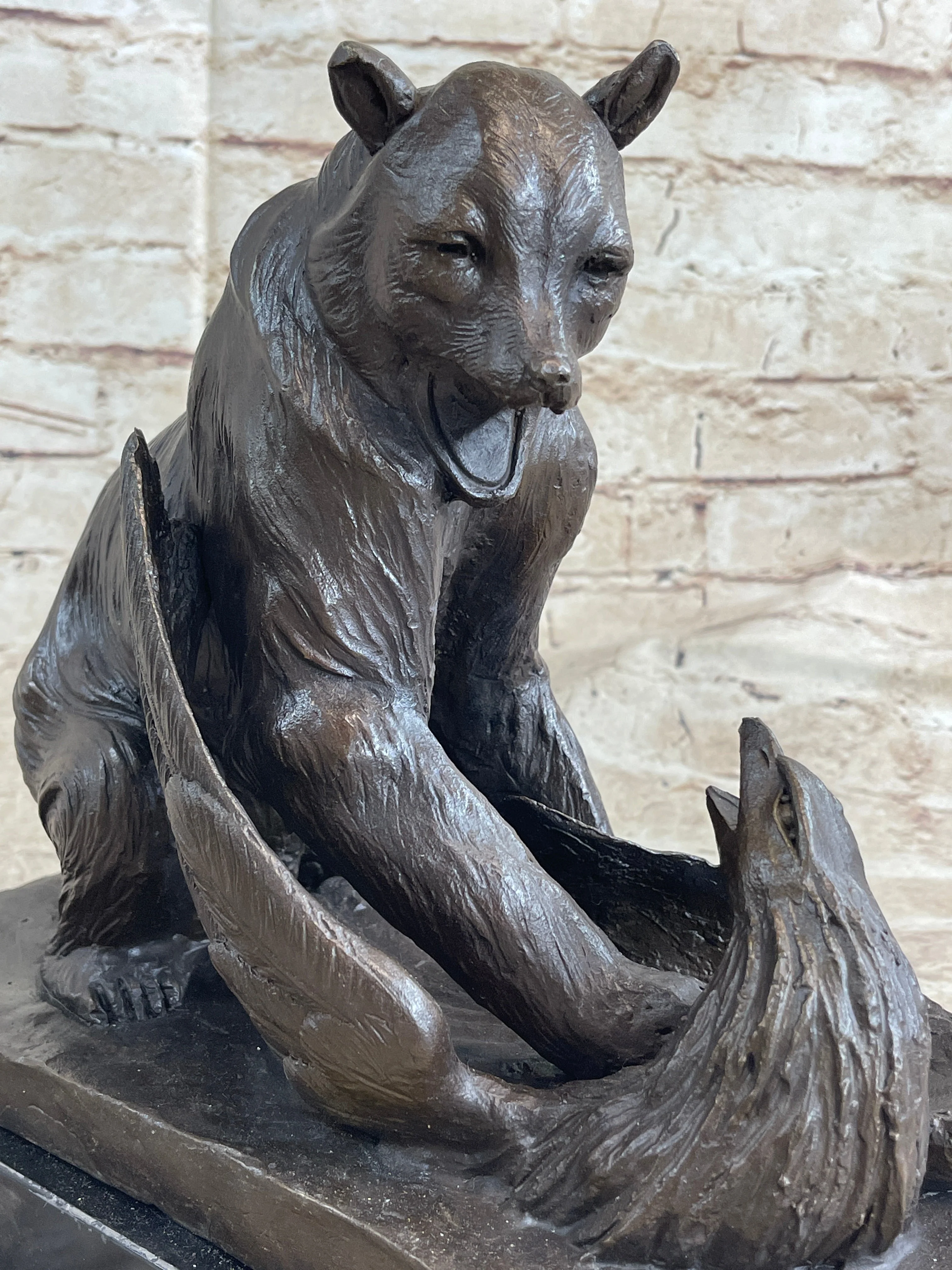Signed Barye Bear Attacking Eagle Bronze Sculpture Marble Base Figurine Statue - Image 8