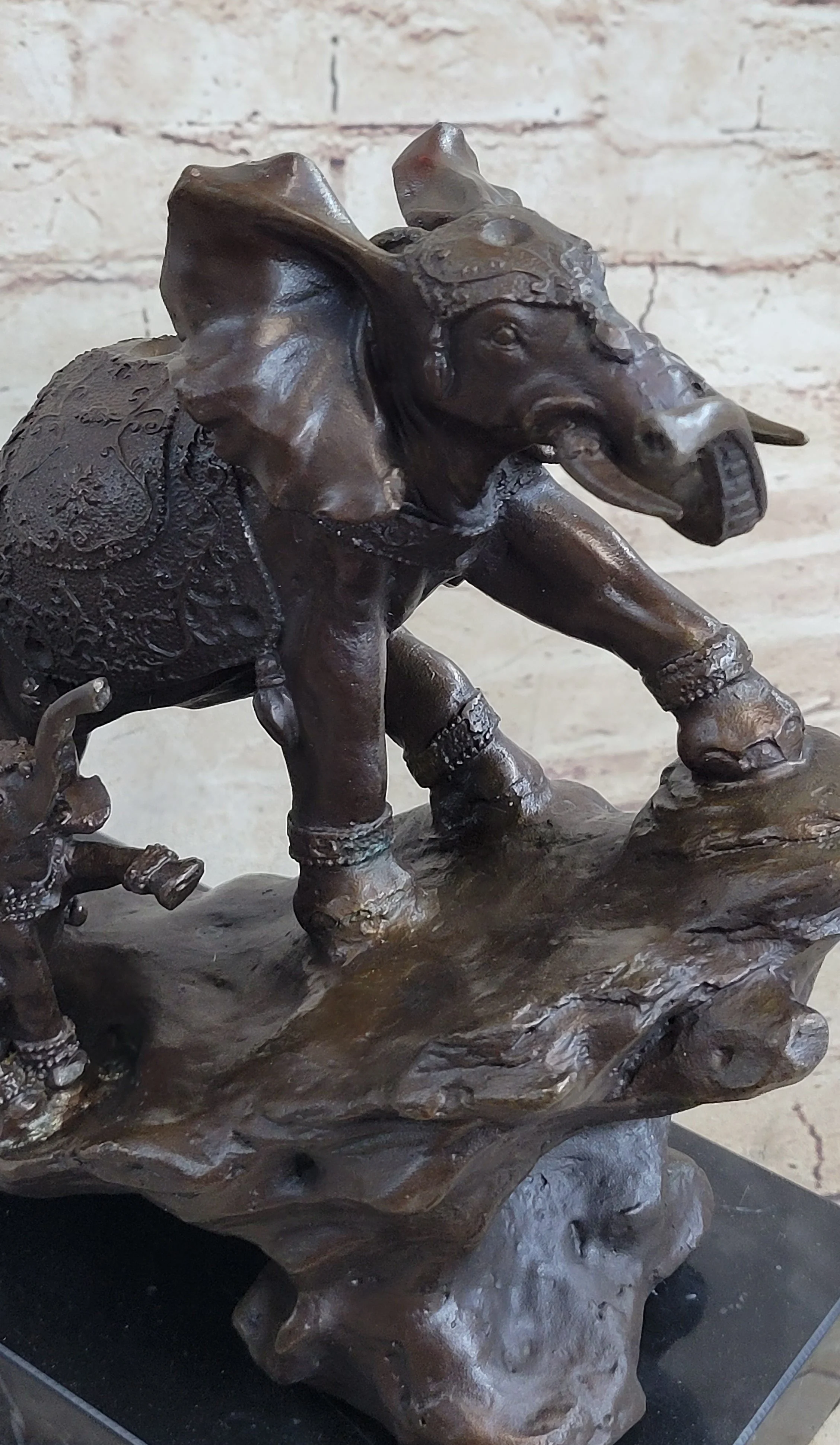 Signed Bologna Indian Mother Elephant And Calves Bronze Sculpture Home Decor Art - Image 5
