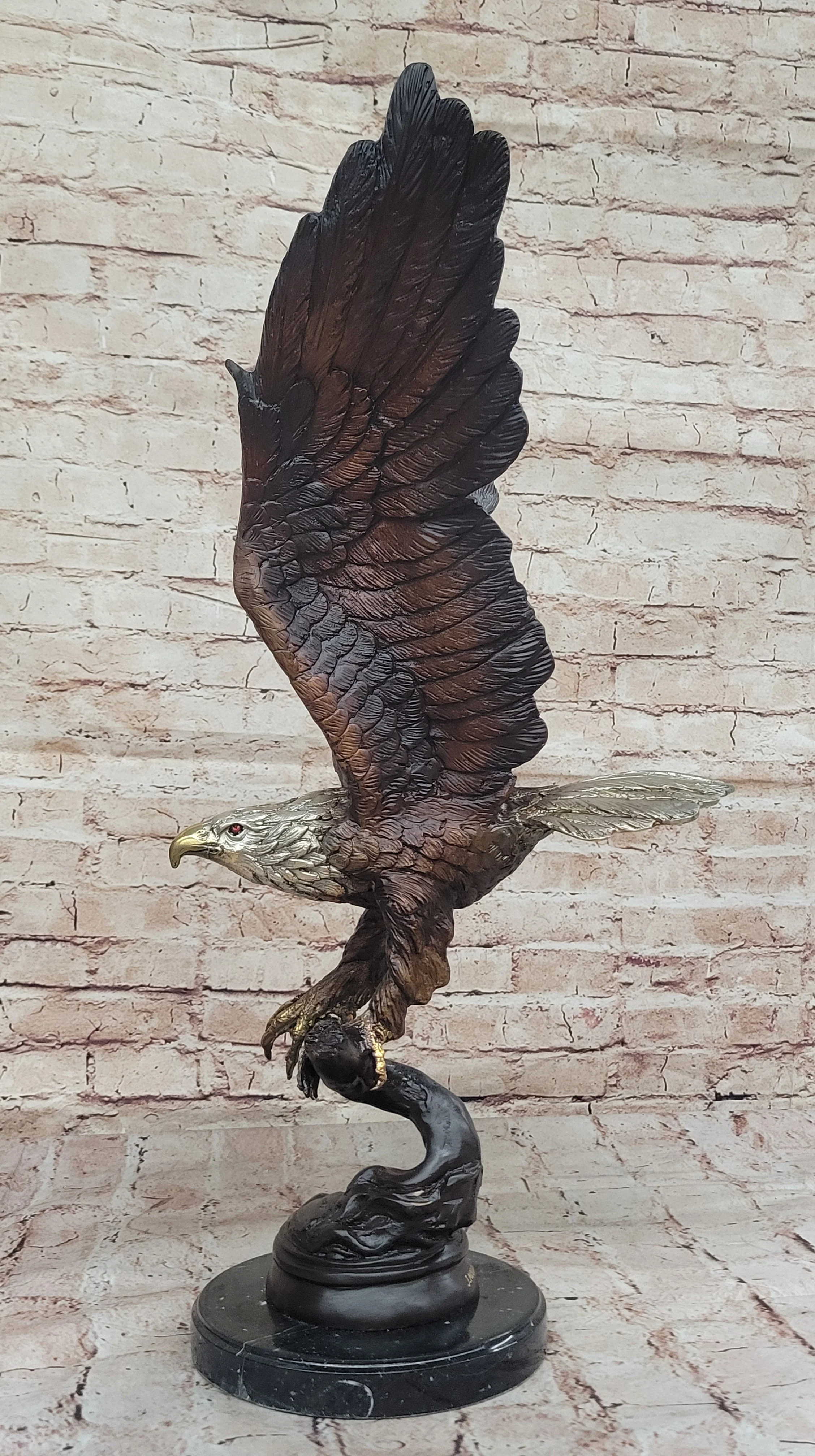 Signed Moigniez Eagle Catch Fish Bronze Sculpture Multi Color Patina Figurine 24" x 13" - Image 4