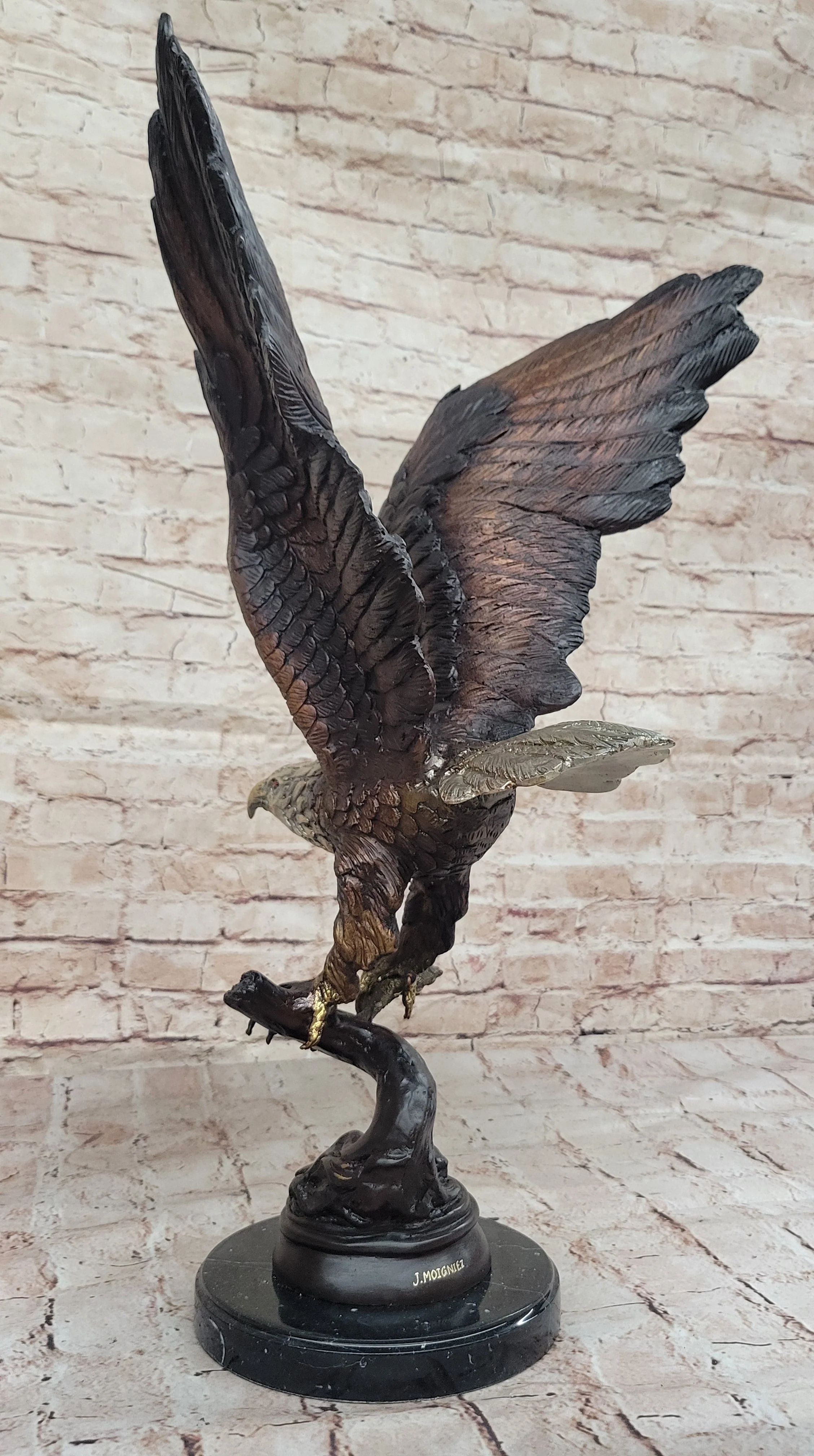 Signed Moigniez Eagle Catch Fish Bronze Sculpture Multi Color Patina Figurine 24" x 13" - Image 7
