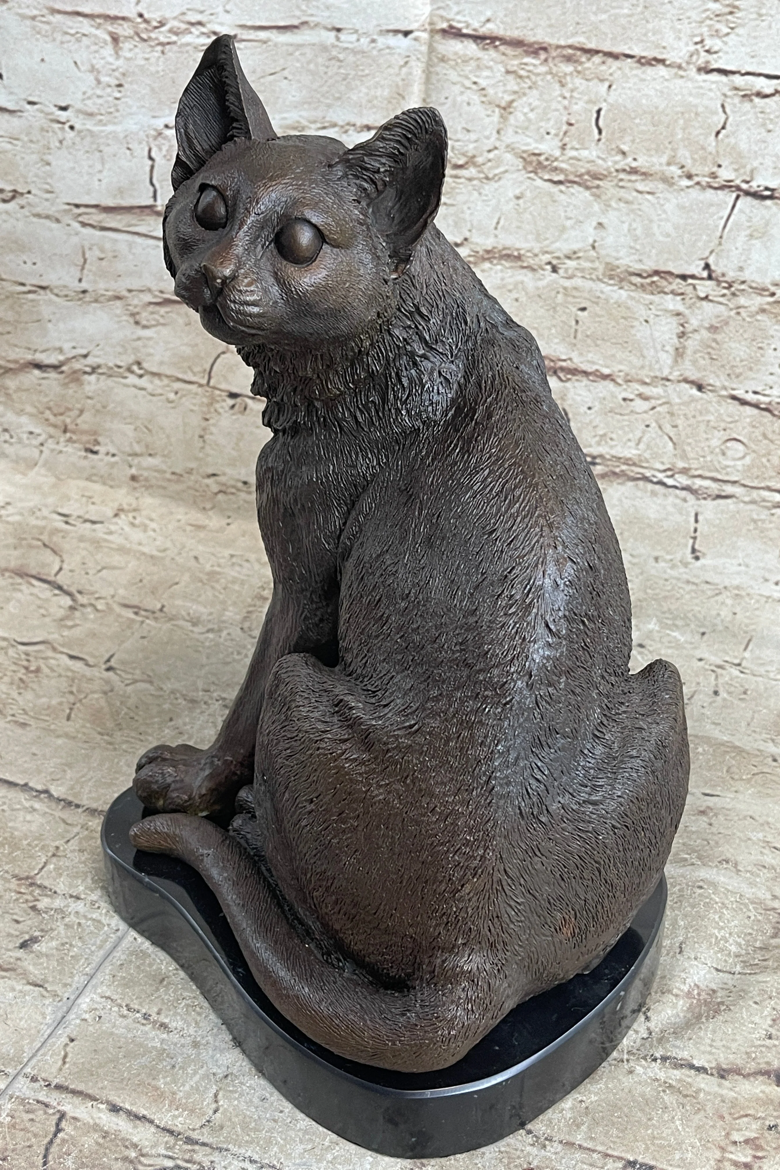 Signed Original Friendly Cat Feline Bronze Art Deco Marble Base Sculpture Figure - Image 3