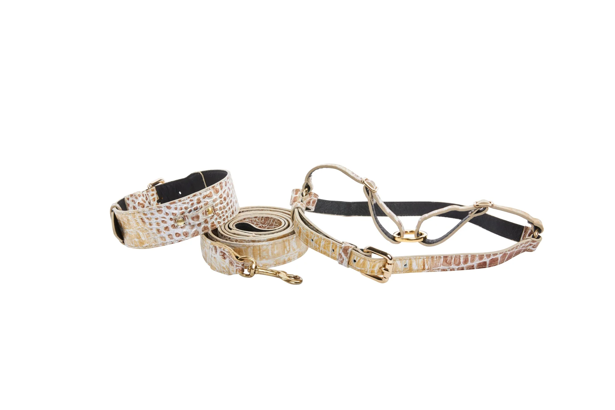 Silver/Bronze/Gold Italian Leather Embossed Croc Classic Collar, Leash & Harness Set - Image 2
