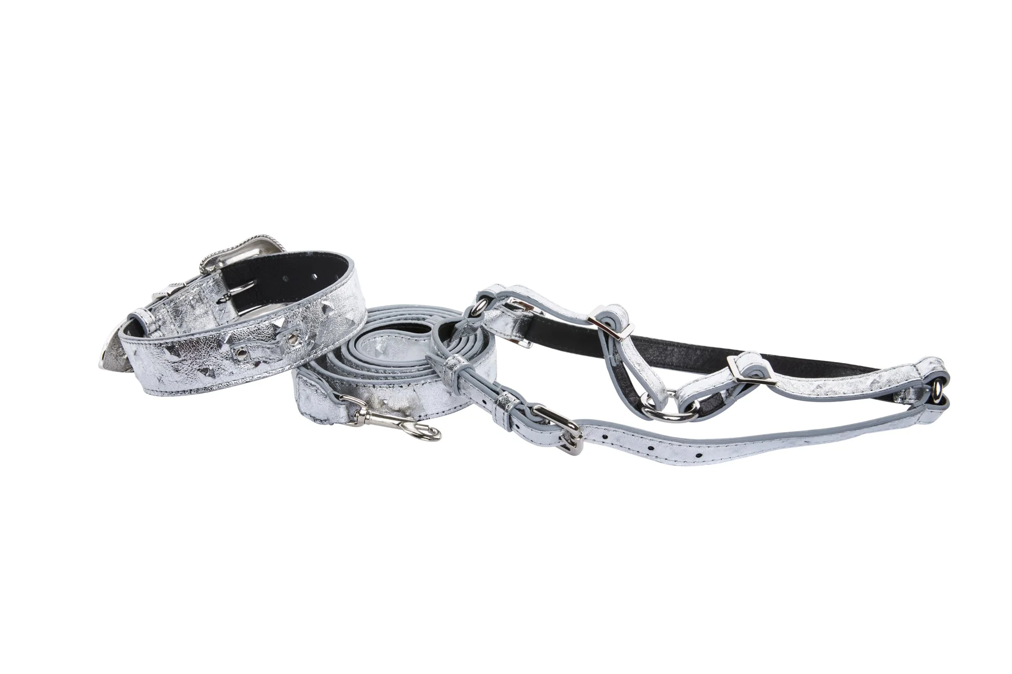 Silver Studded Italian Leather Swarovski Crystal Collar, Leash, Harness Set - Image 3