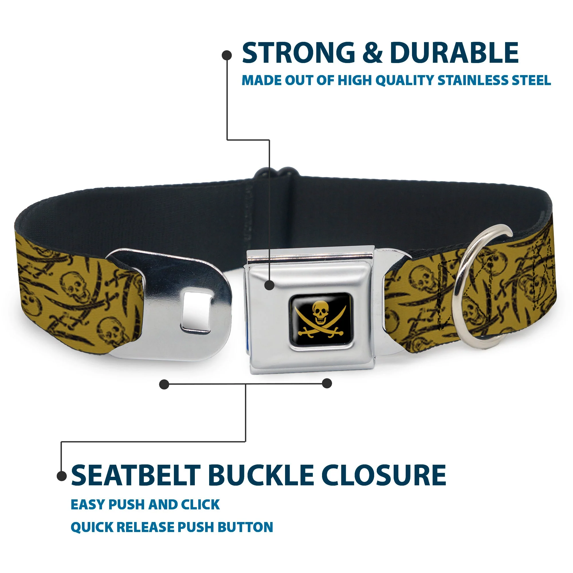Skull & Crossed Swords Black Tan Seatbelt Buckle Collar - Pirates Skull & Crossed Swords Scattered Weathered Tan/Black - Image 4