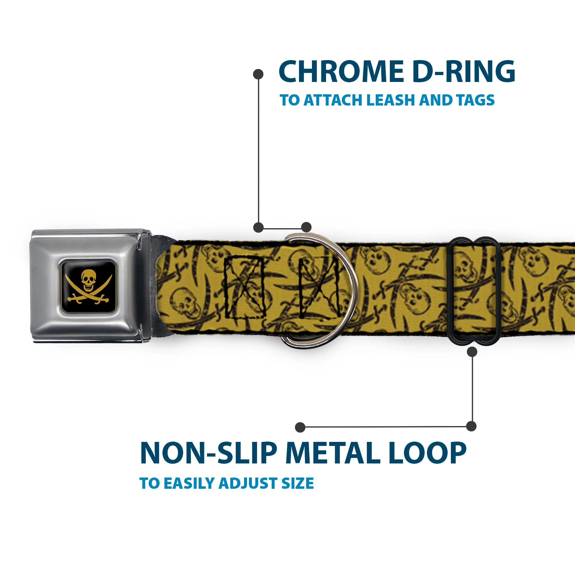 Skull & Crossed Swords Black Tan Seatbelt Buckle Collar - Pirates Skull & Crossed Swords Scattered Weathered Tan/Black - Image 5