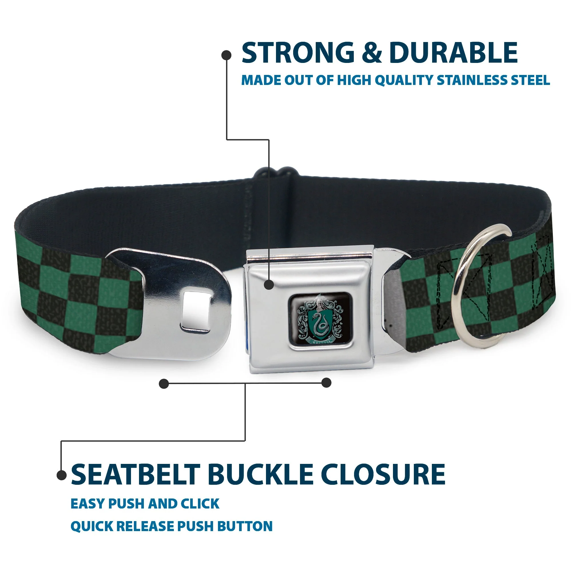 Slytherin Crest Full Color Seatbelt Buckle Collar - Harry Potter SLYTHERIN/Checker Blocks Grays/Greens - Image 4