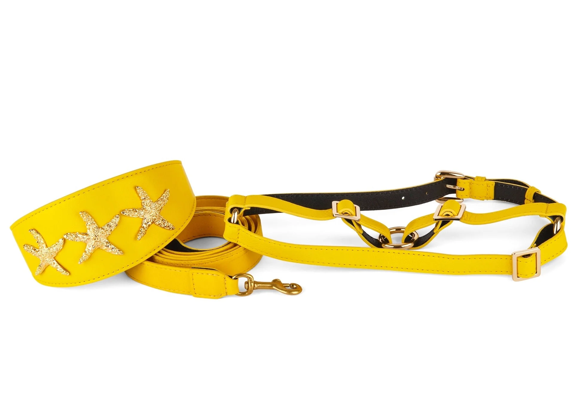 Smooth Yellow Italian Leather 3” Wide Style Collar Set With Custom Gold Starfish
