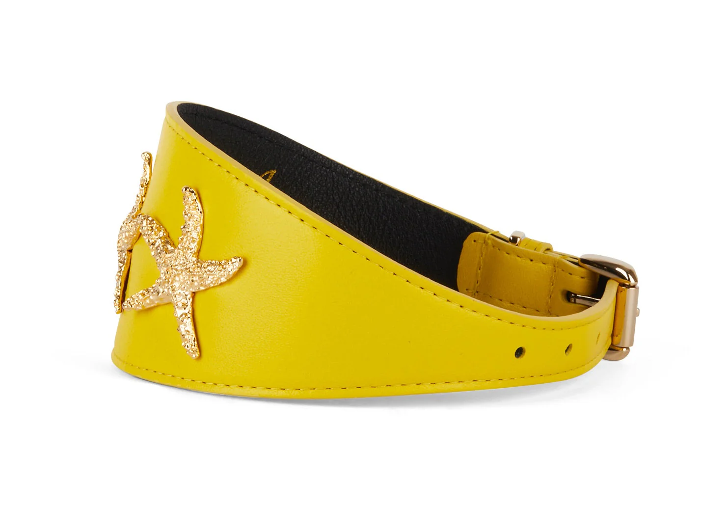 Smooth Yellow Italian Leather 3” Wide Style Collar With Custom Gold Starfish - Image 2