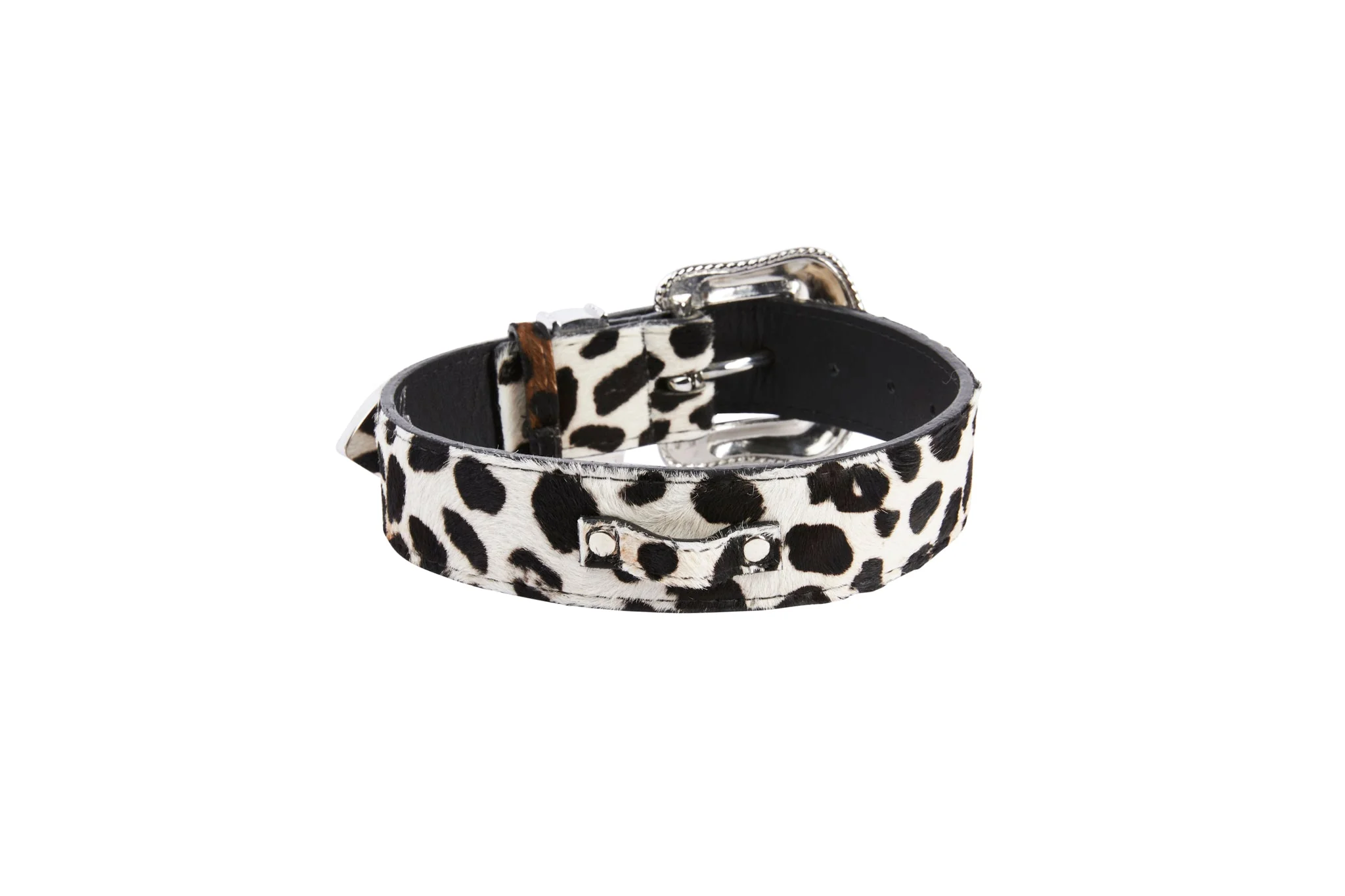 Snow Leopard Print Hair On Hide Italian Leather Collar With Swarovski Crystal Hardware - Image 2