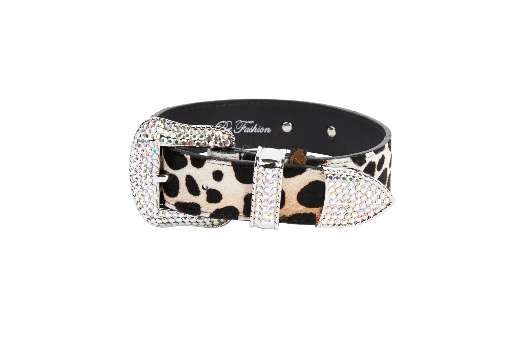 Snow Leopard Print Hair On Hide Italian Leather Collar With Swarovski Crystal Hardware - Image 3