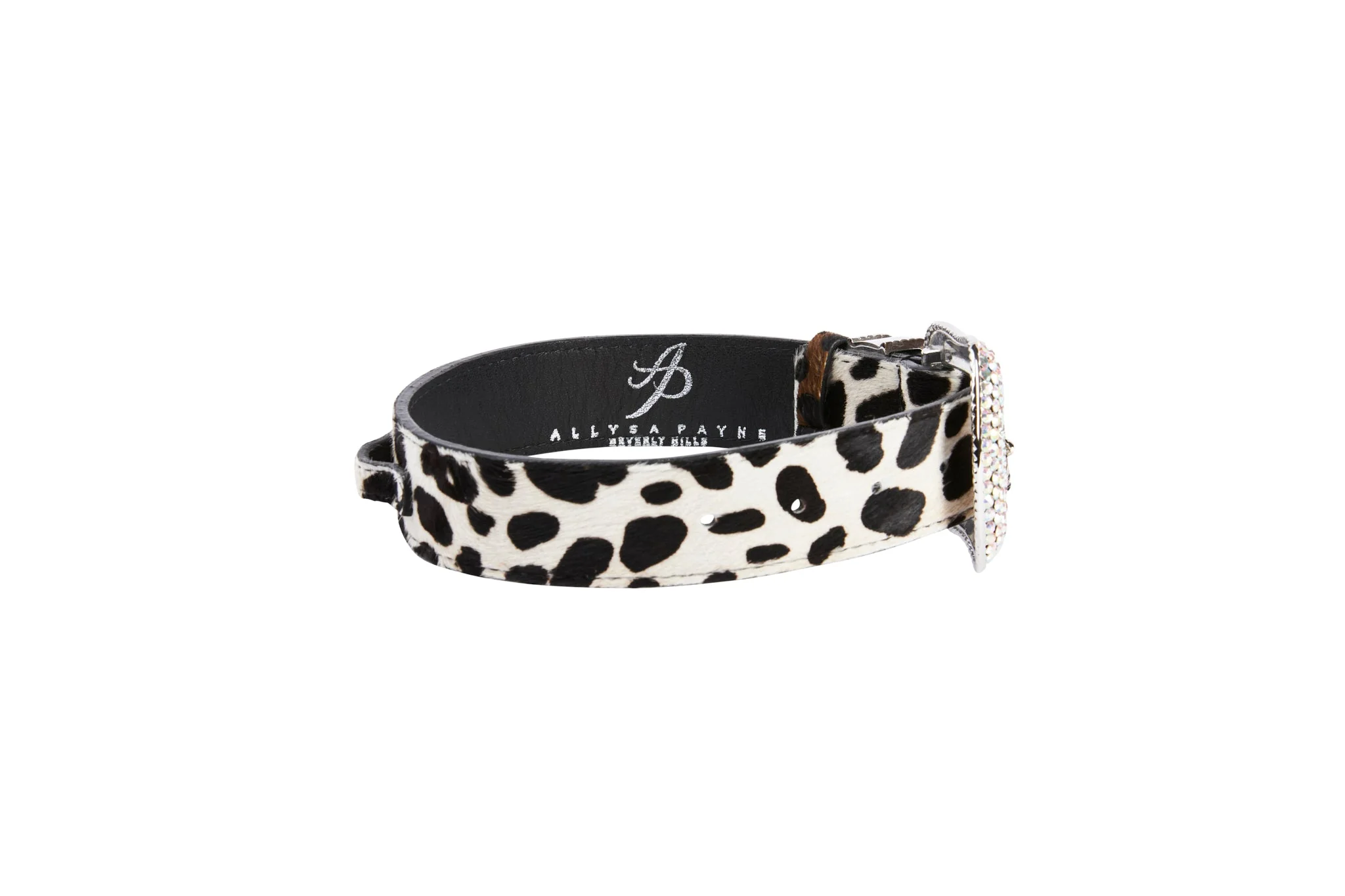 Snow Leopard Print Hair On Hide Italian Leather Collar With Swarovski Crystal Hardware - Image 4