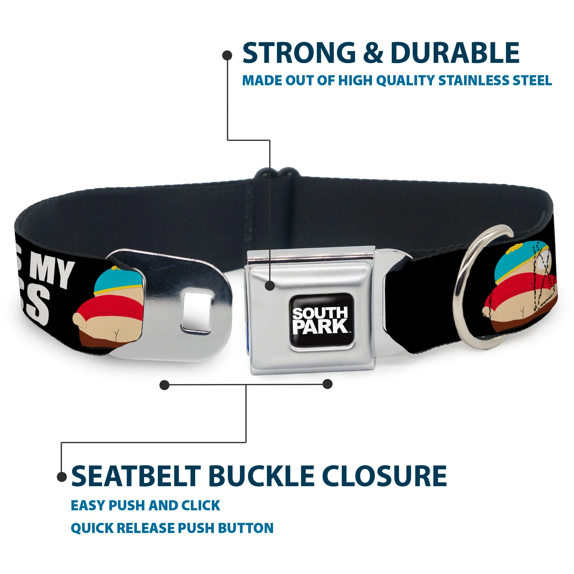 SOUTH PARK Title Logo Full Color Black/White Seatbelt Buckle Collar - South Park Cartman Pants KISS MY ASS Pose Black/White - Image 4