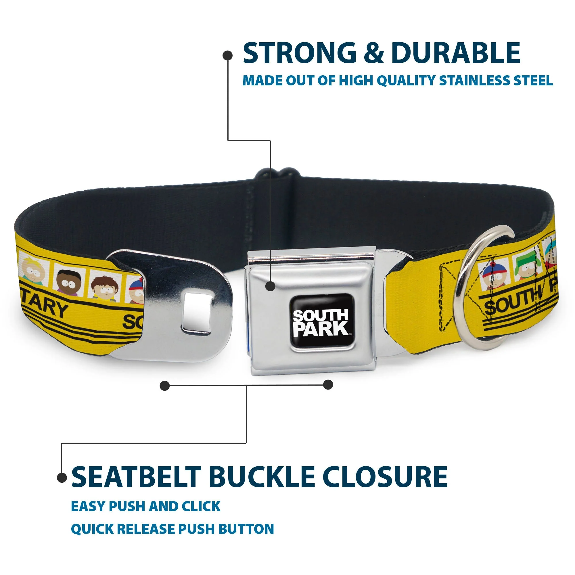 SOUTH PARK Title Logo Full Color Black/White Seatbelt Buckle Collar - SOUTH PARK ELEMENTARY School Bus Characters Pose Yellow - Image 4