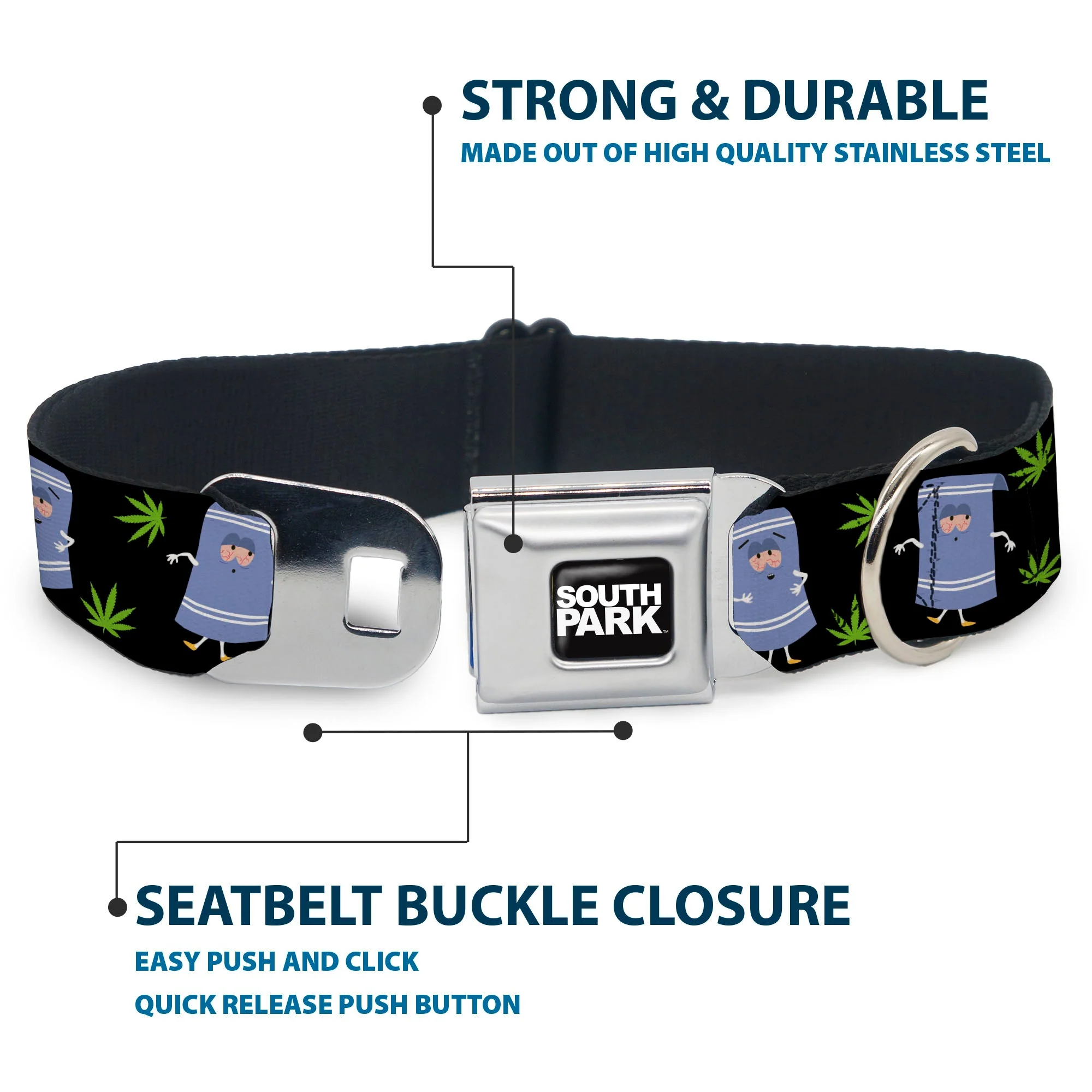 SOUTH PARK Title Logo Full Color Black/White Seatbelt Buckle Collar - South Park Towlie and Scattered Pot Leaves Black - Image 4