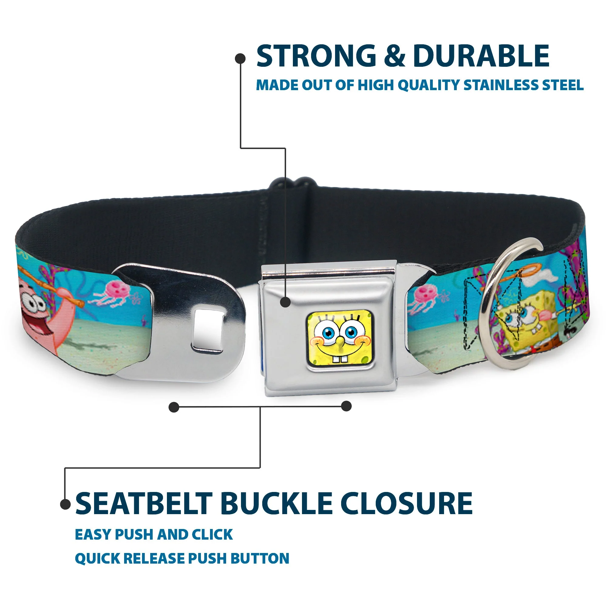 Sponge Bob 3-D Face CLOSE-UP Full Color Seatbelt Buckle Collar - SpongeBob & Patrick Starfish Jellyfishing Scenes - Image 4
