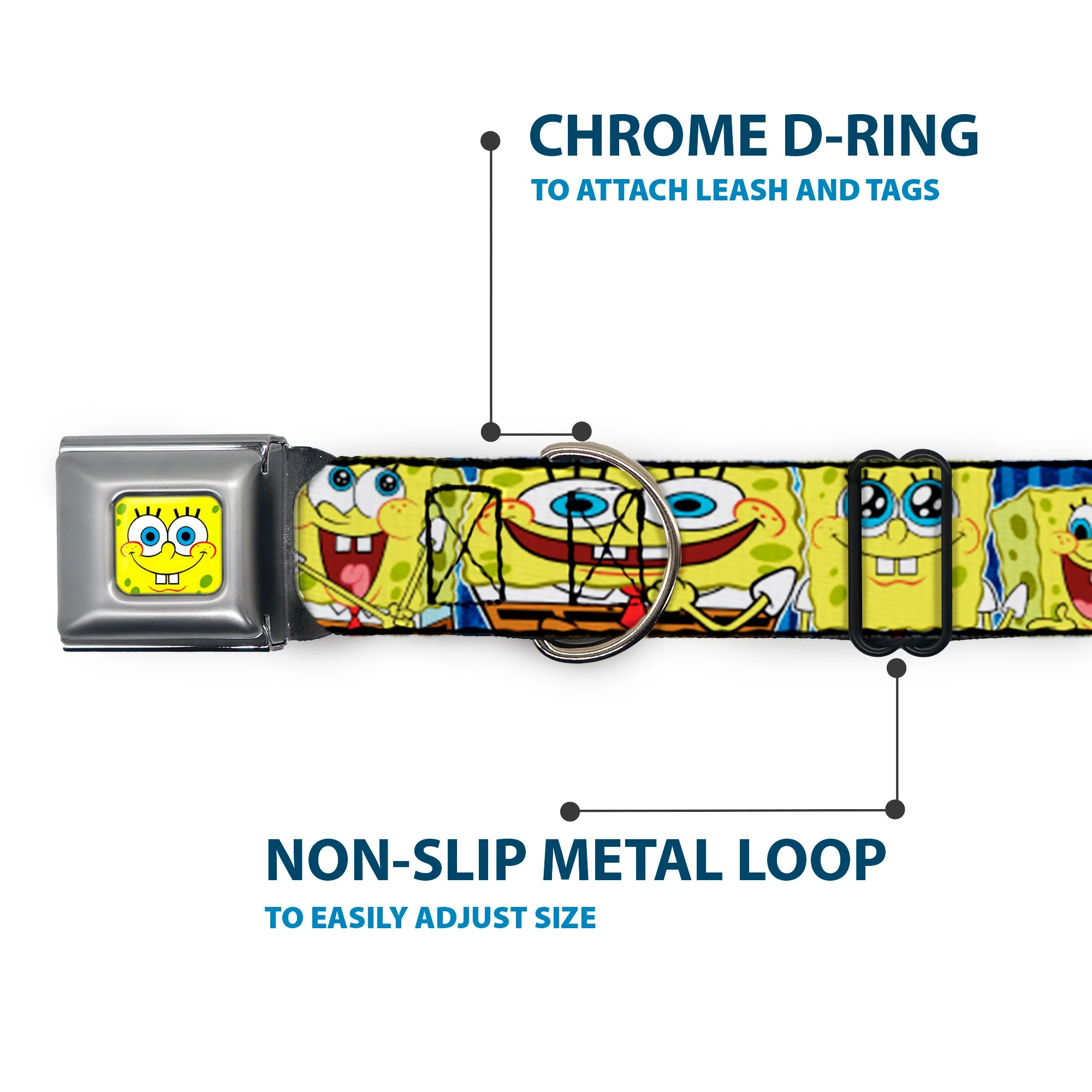 Sponge Bob Face CLOSE-UP Full Color Seatbelt Buckle Collar - SpongeBob Expressions Stripe Blue - Image 5