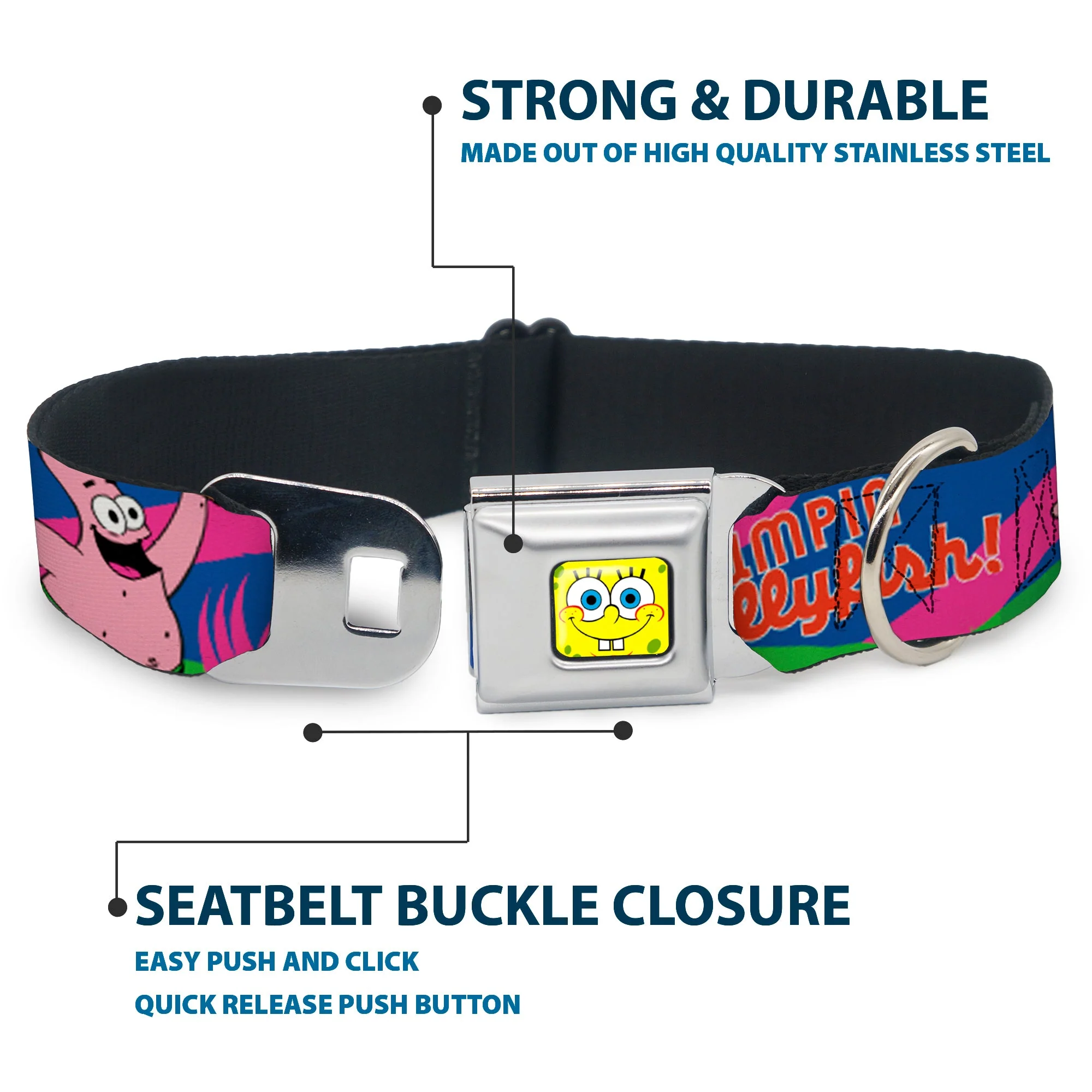 SpongeBob Face CLOSE-UP Full Color Seatbelt Buckle Collar - Nerd SpongeBob & Patrick Starfish Running JUMPIN' JELLYFISH! Multi Color/Red - Image 4