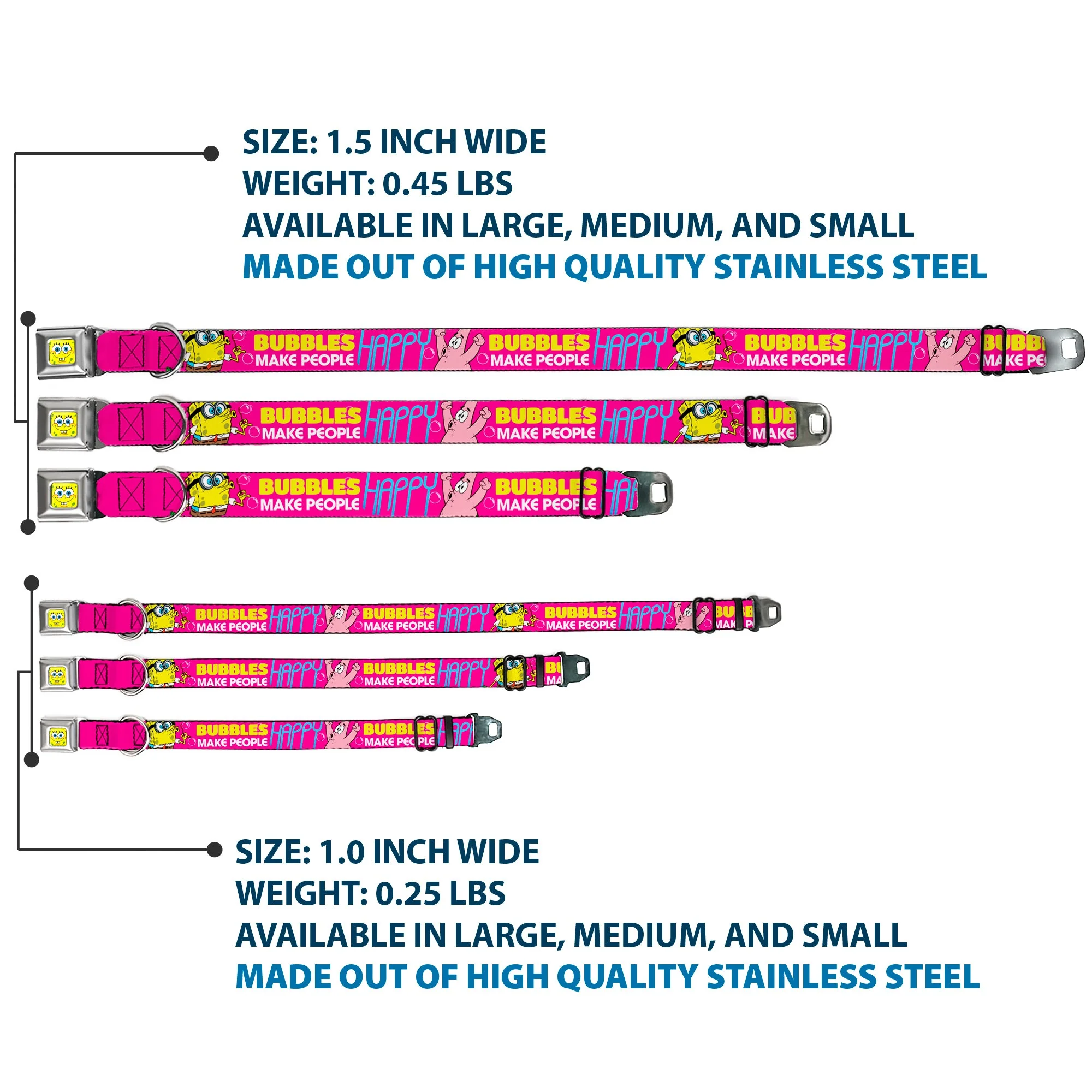 SpongeBob Face CLOSE-UP Full Color Seatbelt Buckle Collar - Patrick Starfish Pose BUBBLES MAKE PEOPLE HAPPY Pink/Yellow/White/Blue - Image 3