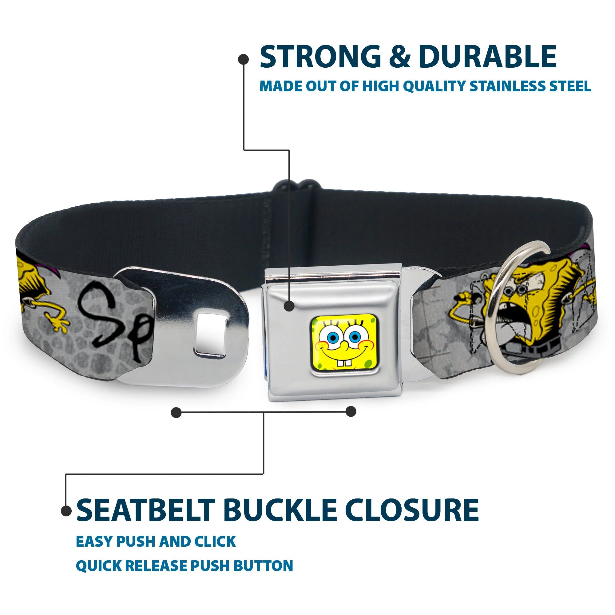 SpongeBob Face CLOSE-UP Full Color Seatbelt Buckle Collar - SpongeBob 3-Poses SPONGEITUDE Grays/Black - Image 4