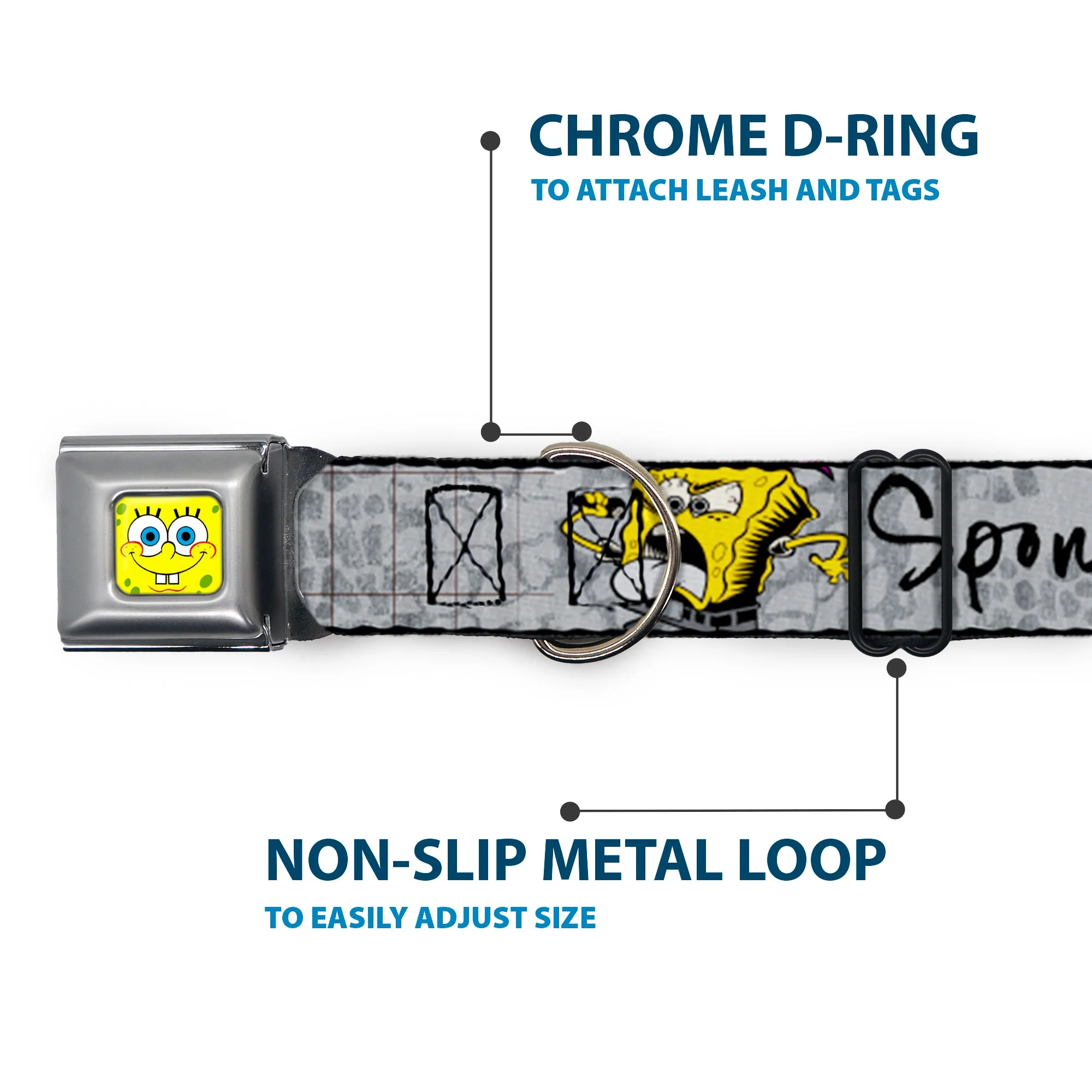 SpongeBob Face CLOSE-UP Full Color Seatbelt Buckle Collar - SpongeBob 3-Poses SPONGEITUDE Grays/Black - Image 5