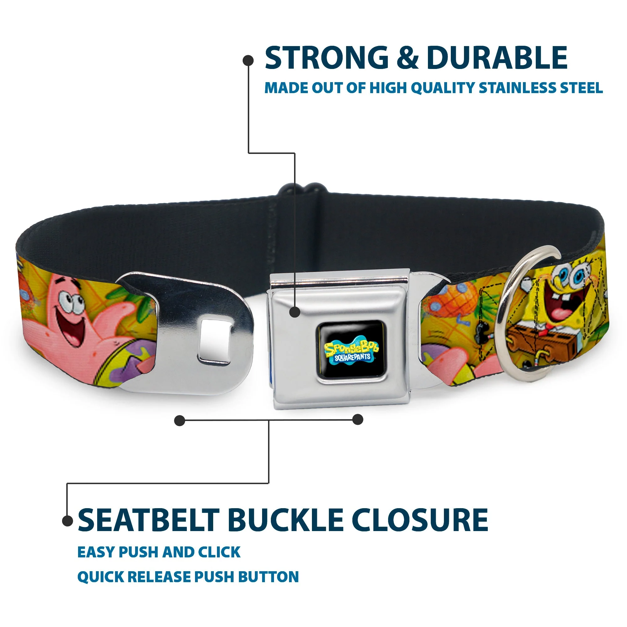 SpongeBob SquarePants Logo Full Color Black Seatbelt Buckle Collar - SpongeBob & Patrick Starfish Poses Pineapple Gold - Image 4