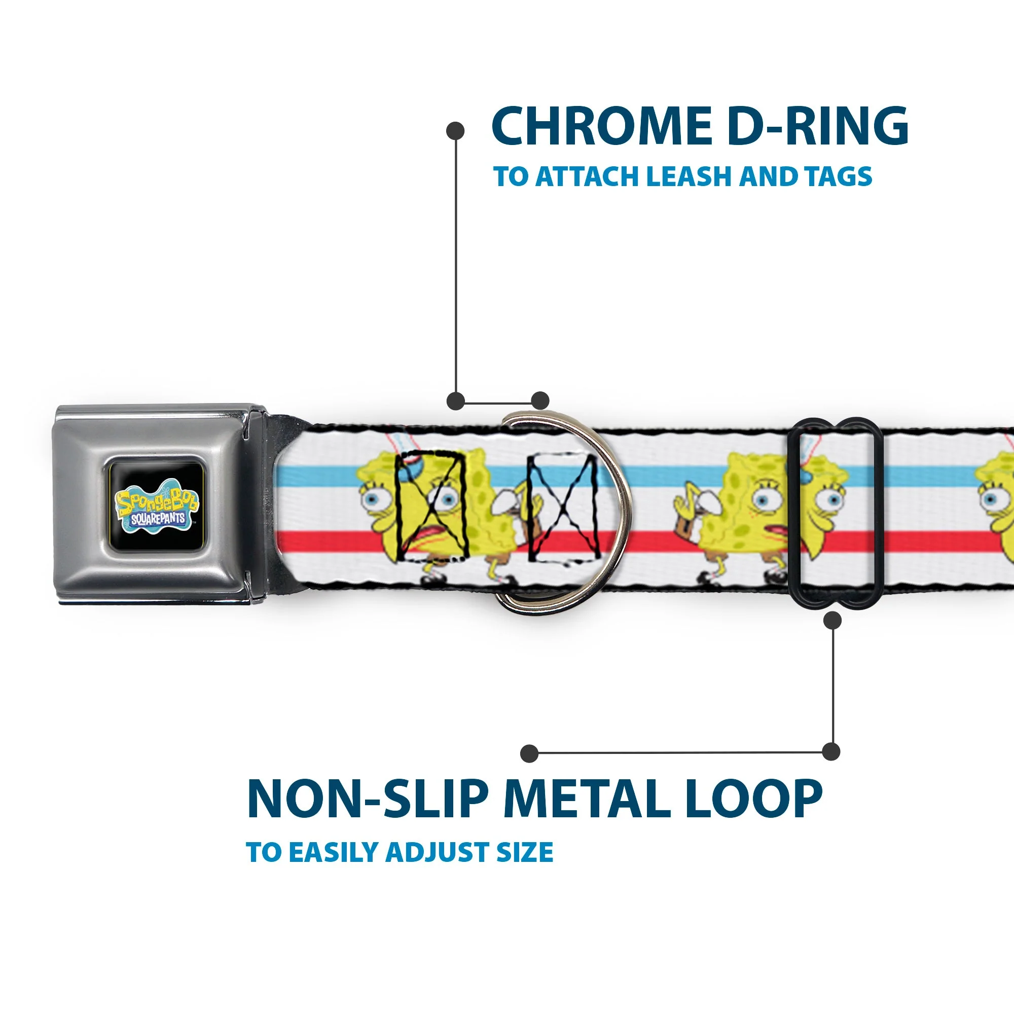 SpongeBob SquarePants Logo2 Full Color Black Seatbelt Buckle Collar - Mocking SpongeBob Pose Stripe White/Blue/Red - Image 5