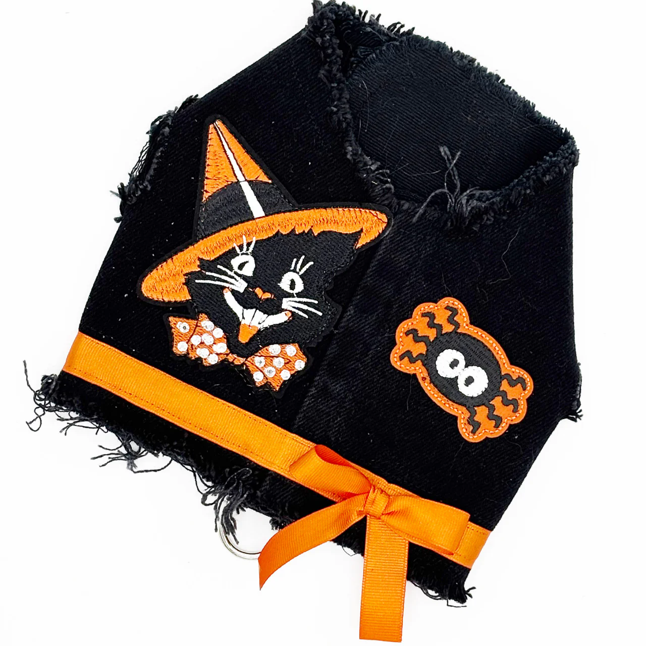 Spooky Cat Halloween Dog Harness Dress – Vintage Denim Vest & Polka Dot Skirt Set - Image 2