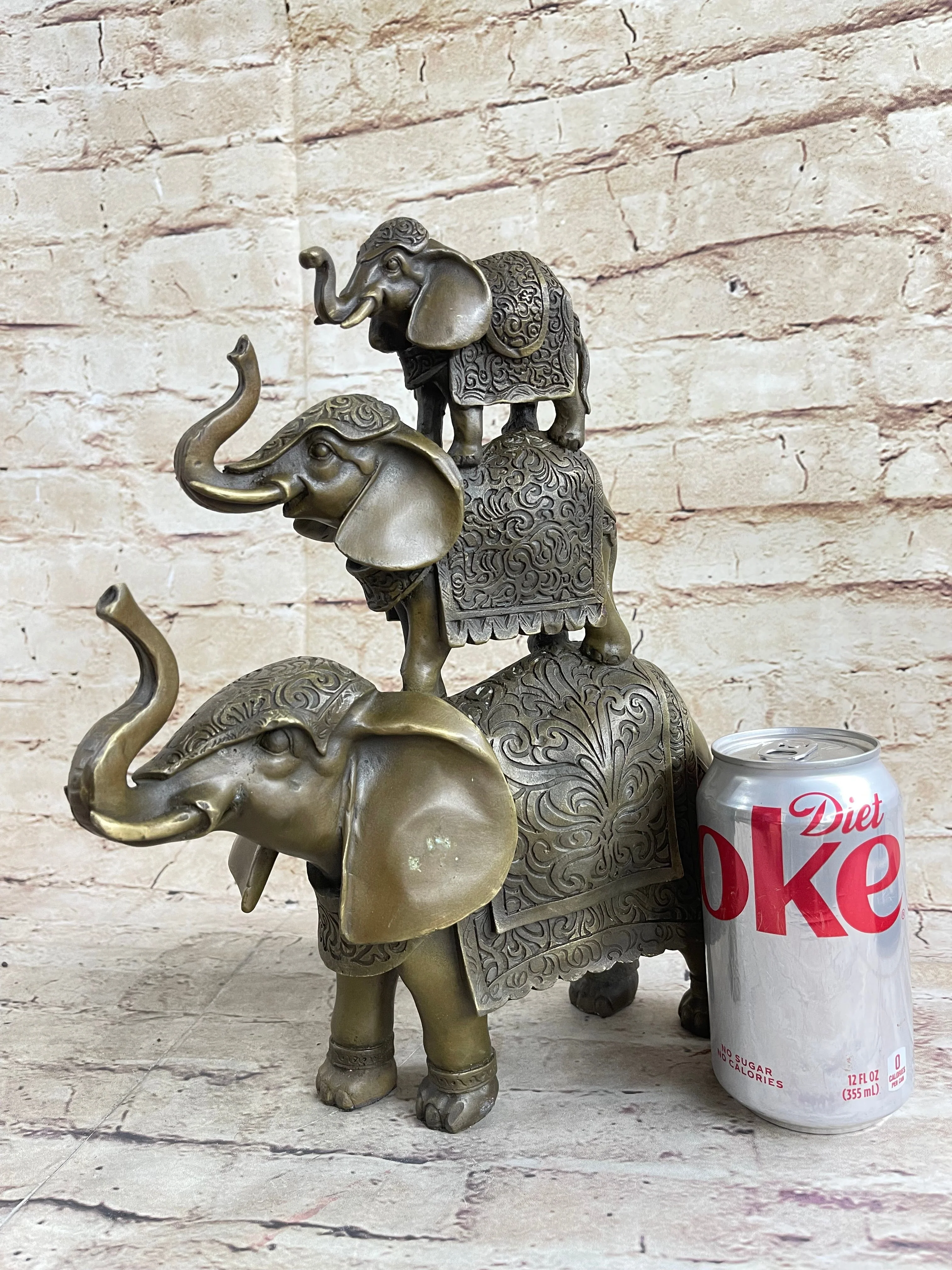 Stacked 3 Lucky Elephants Bronze Metal Statue Sculpture Figurine 12" x 12" - Image 2