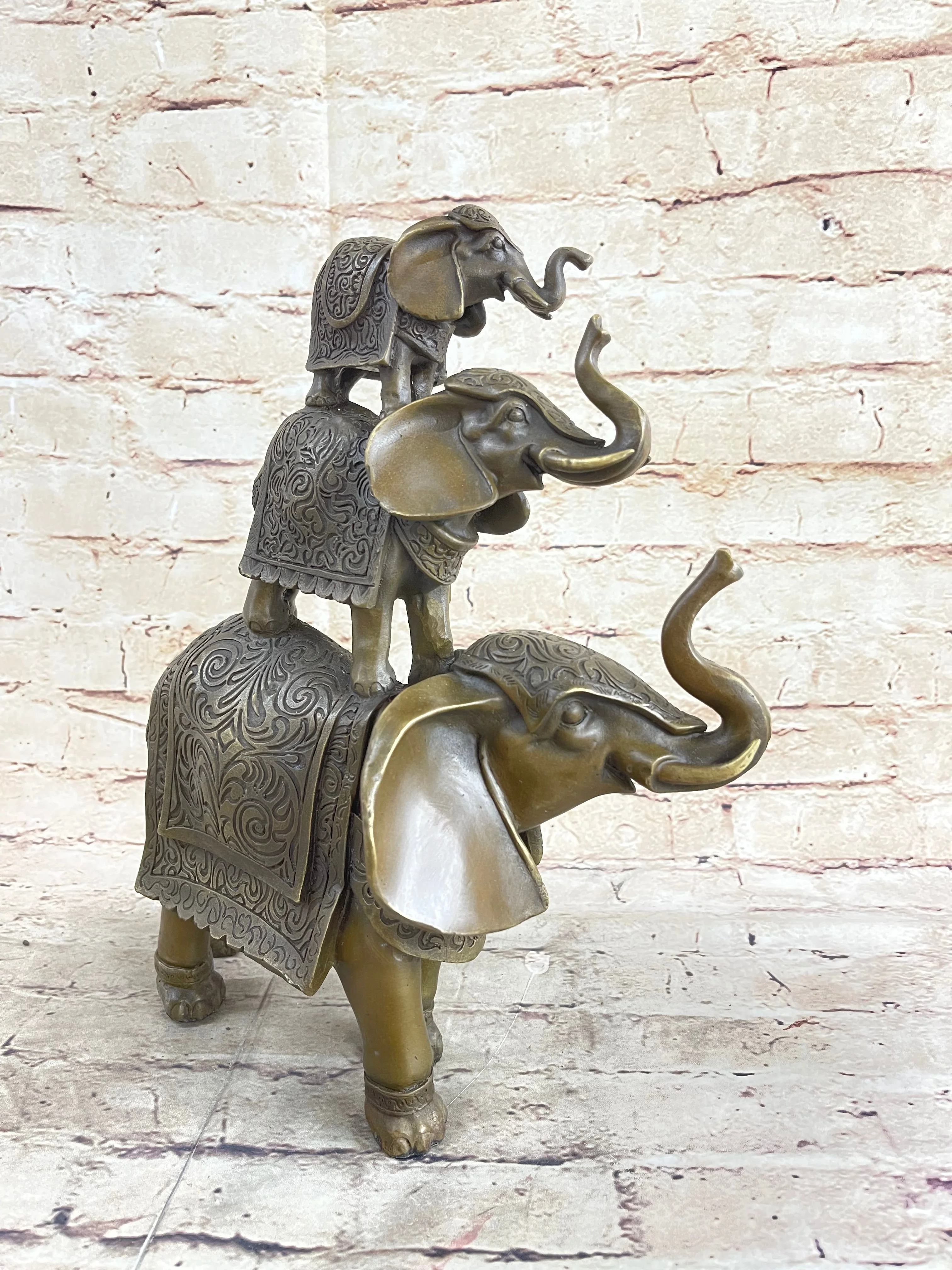 Stacked 3 Lucky Elephants Bronze Metal Statue Sculpture Figurine 12" x 12" - Image 3