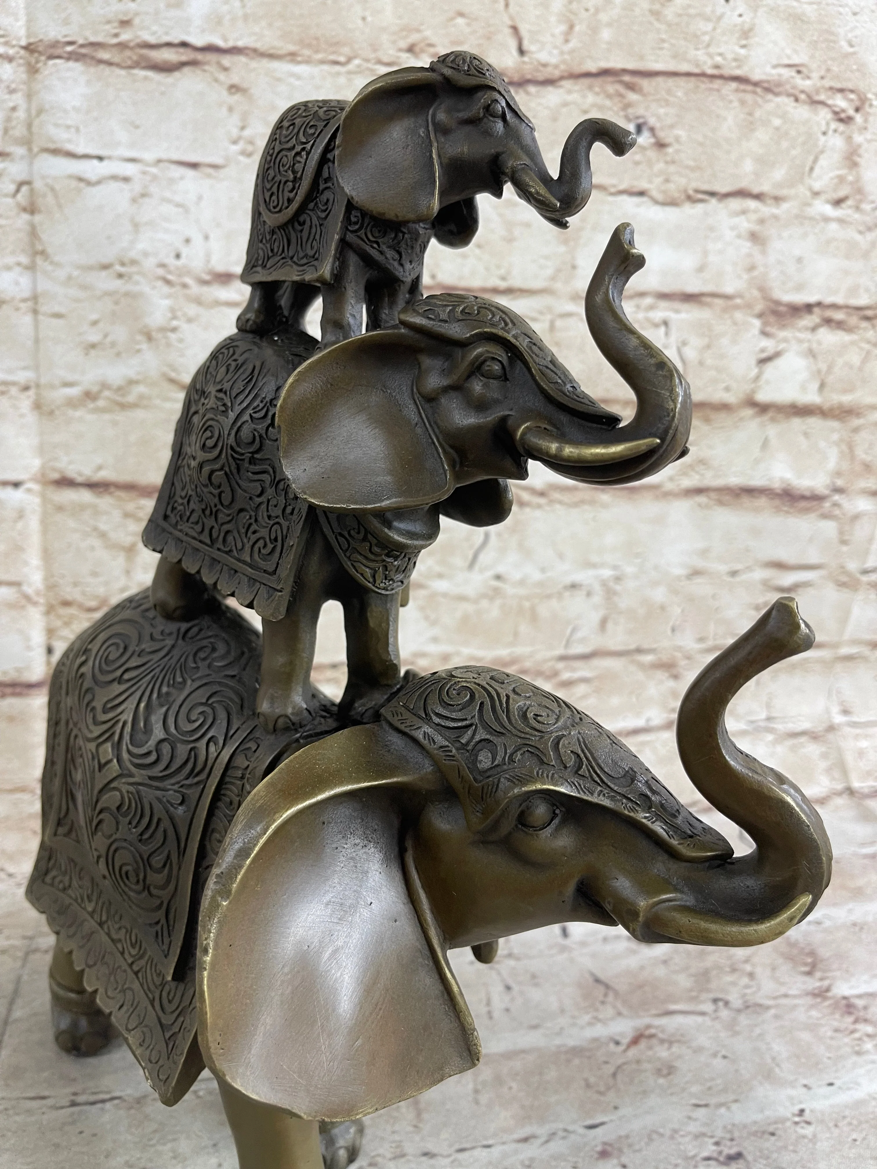 Stacked 3 Lucky Elephants Bronze Metal Statue Sculpture Figurine 12" x 12" - Image 7