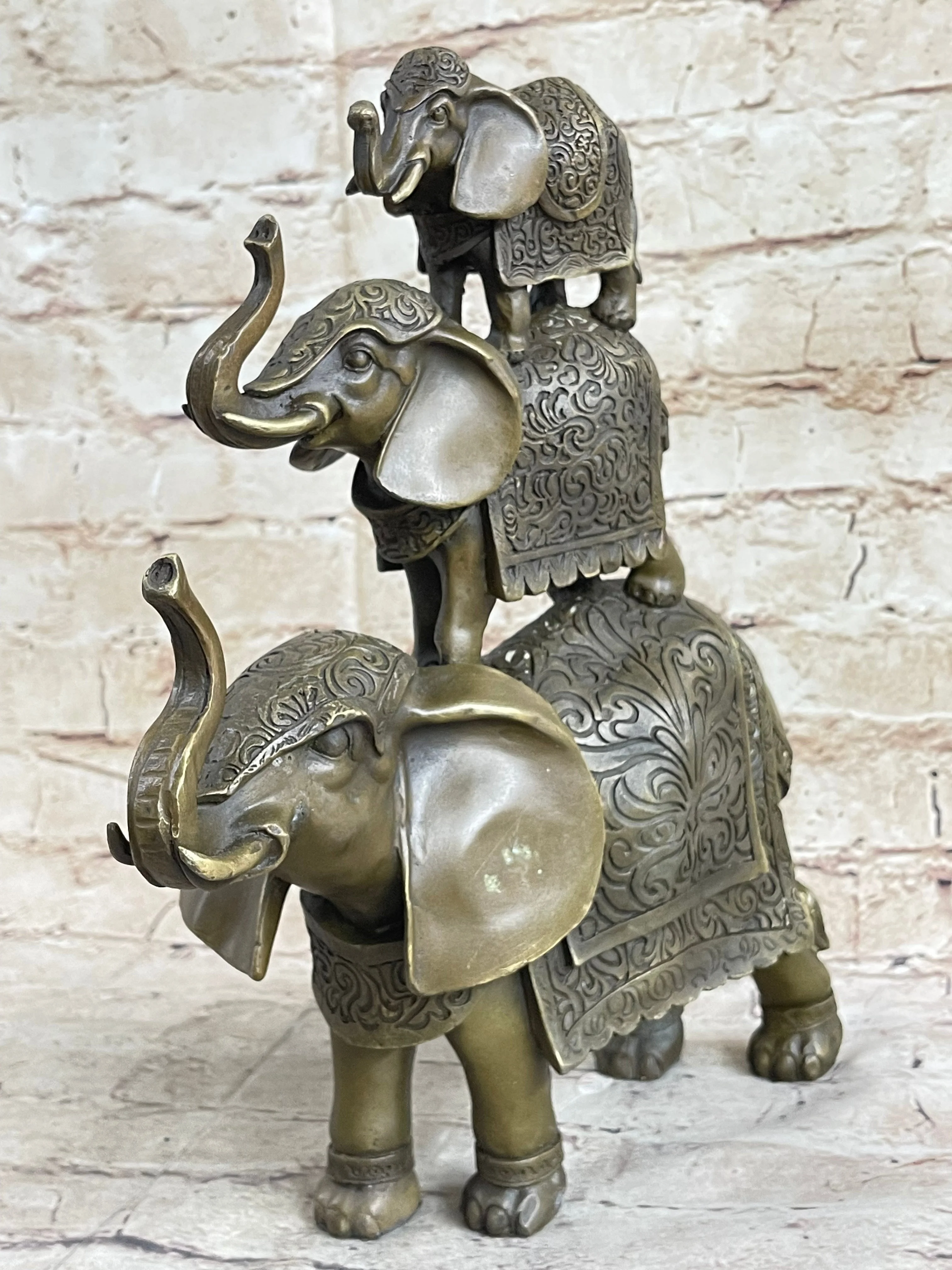 Stacked 3 Lucky Elephants Bronze Metal Statue Sculpture Figurine 12" x 12" - Image 8
