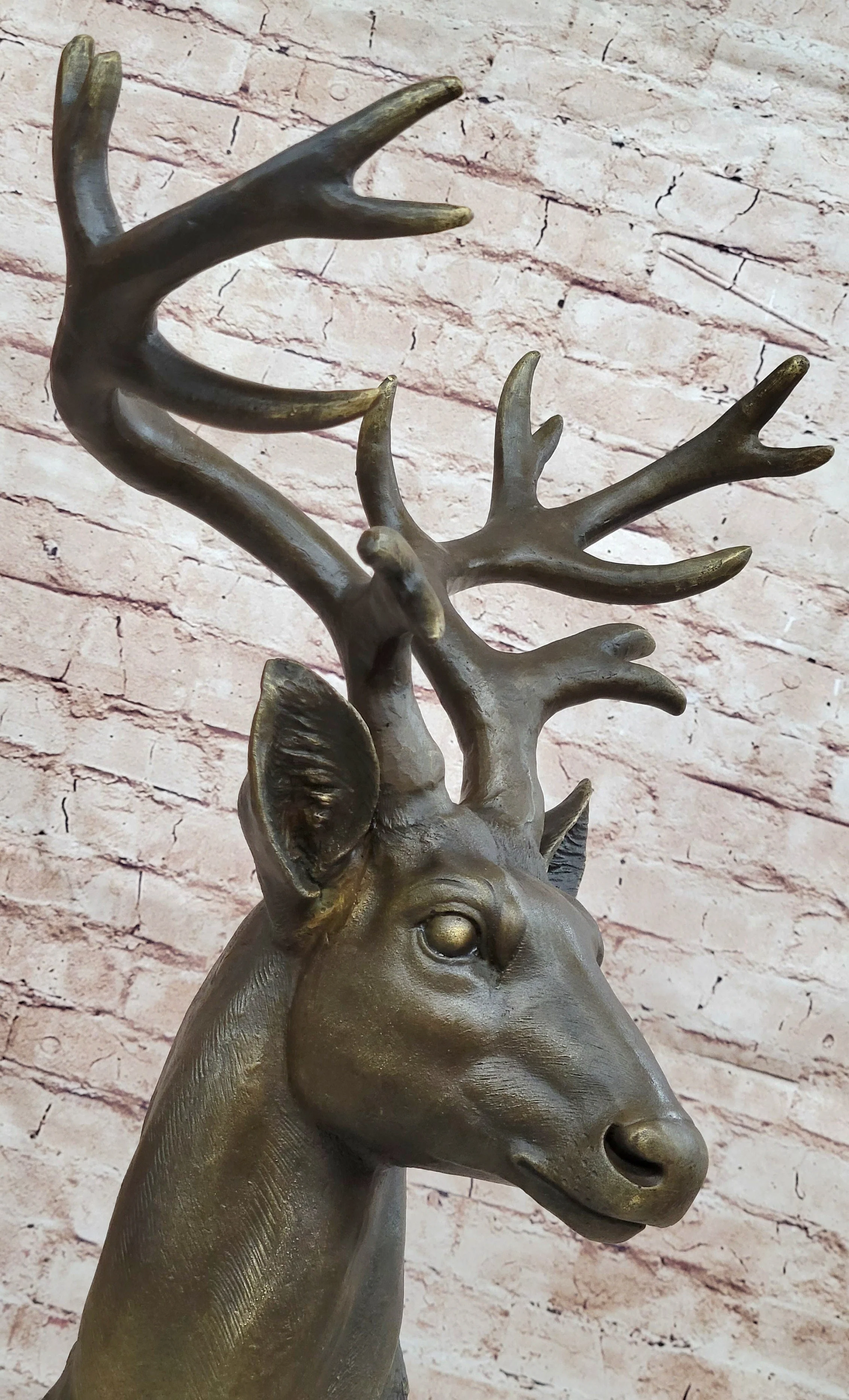 Stag Buck Deer Elk Head Bust Bronze Sculpture Statue on Marble Base - Image 8