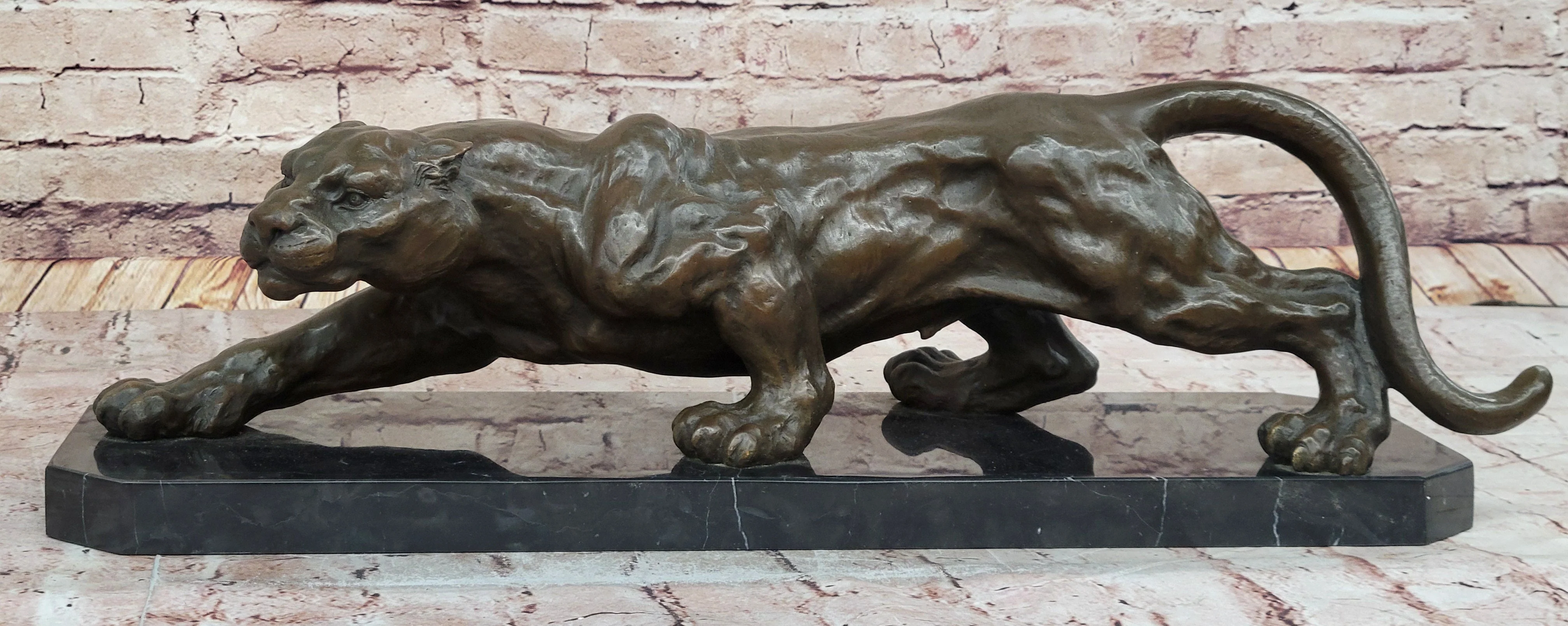 Stalking Panther Cougar Lioness Bronze Sculpture Statue Figure Art on Marble Base - Image 3