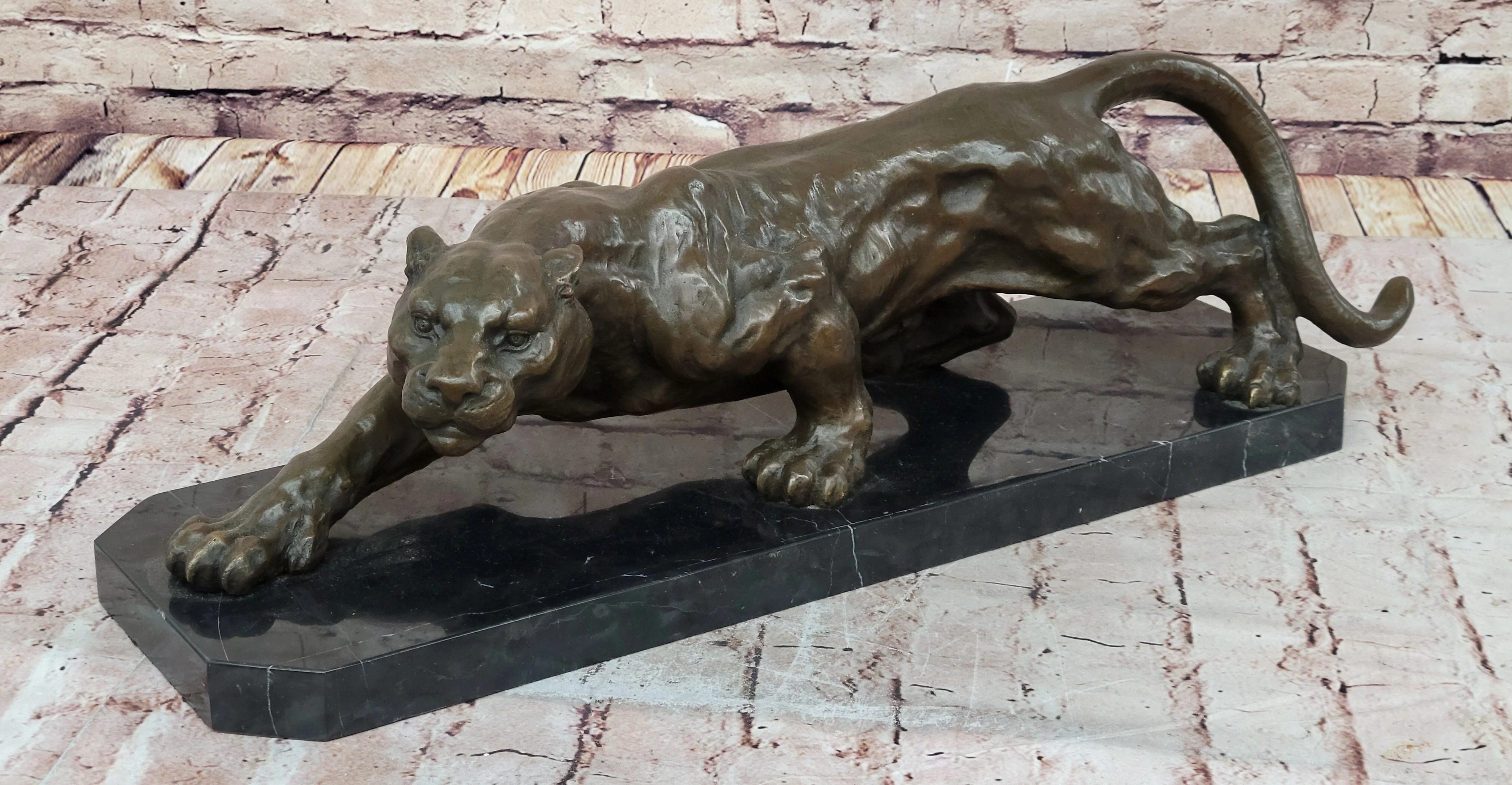 Stalking Panther Cougar Lioness Bronze Sculpture Statue Figure Art on Marble Base - Image 4