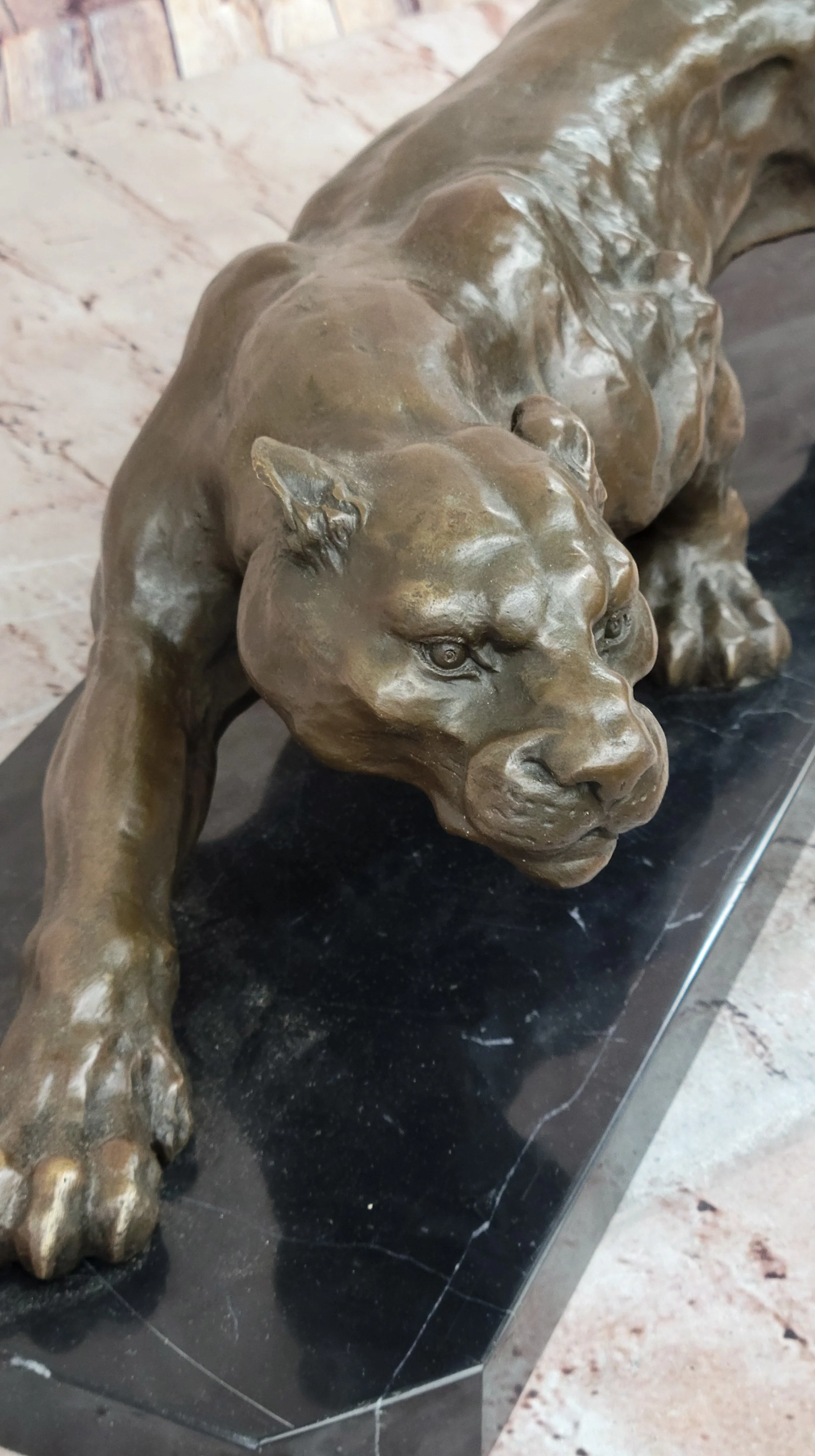 Stalking Panther Cougar Lioness Bronze Sculpture Statue Figure Art on Marble Base - Image 8