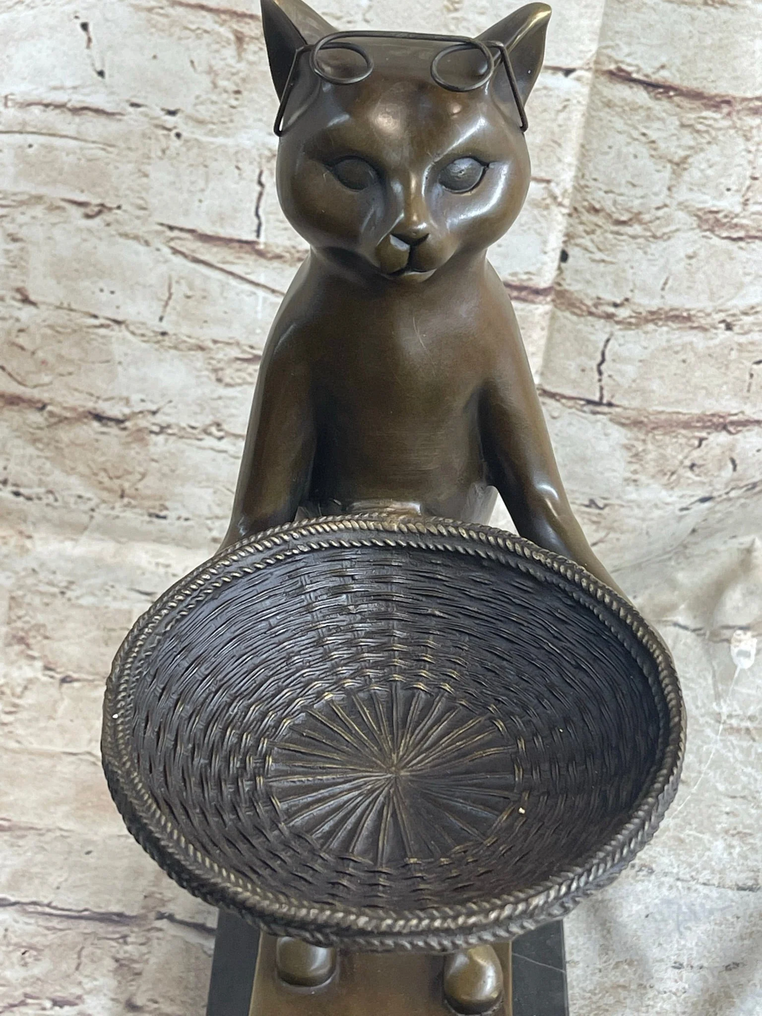 Standing Cat Business Card Holder Key Dish Bronze Sculpture Statue Figure Marble Base - Image 9