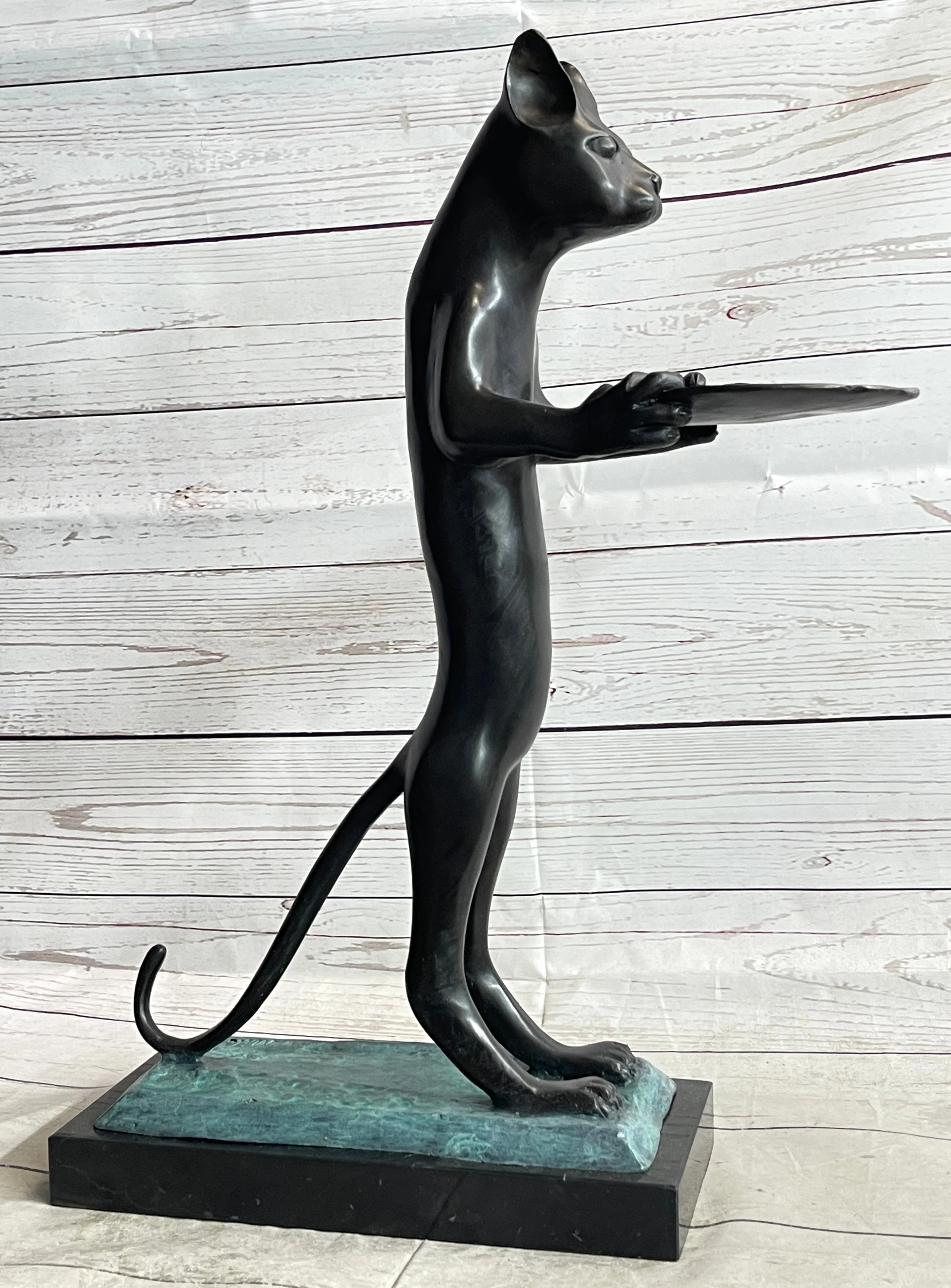 Standing Cat Holding Tray Business Card Holder Bronze Sculpture Statue Original Art Decor - Image 4