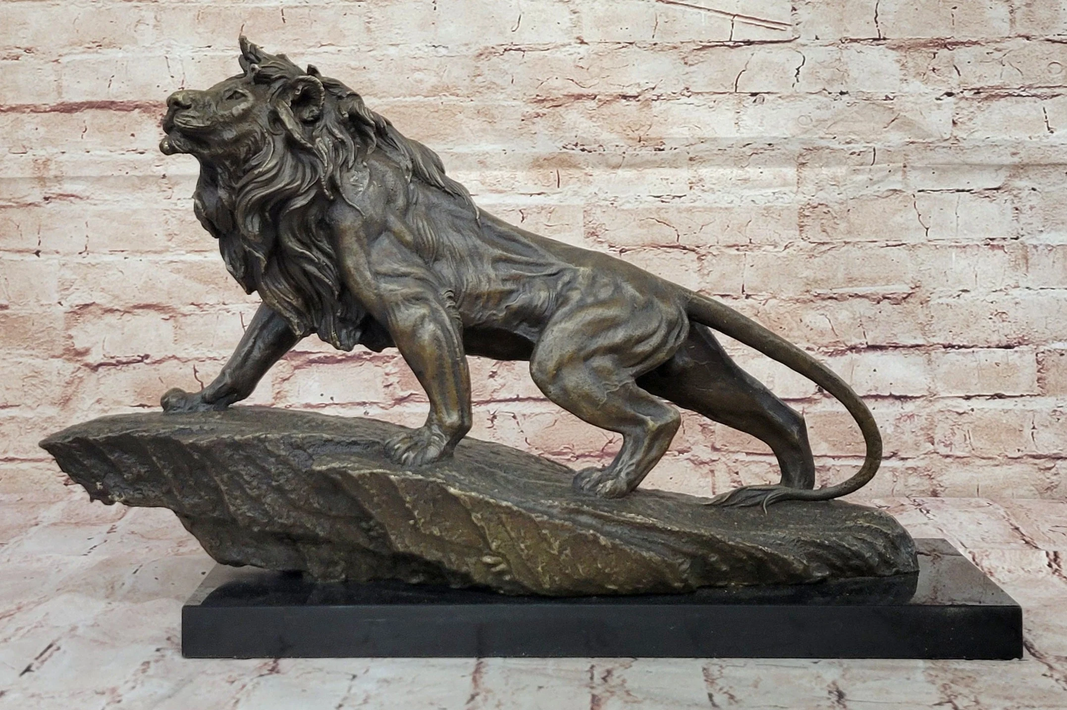 Standing Lion Bronze Sculpture; Detailed Wildlife Artwork on Marble Base - Image 4
